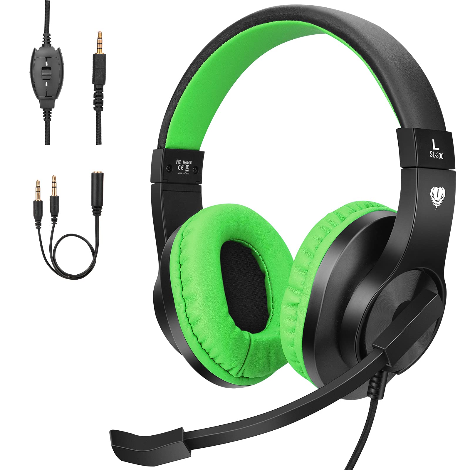 ShinePick Gaming Headset mit Mikrofon per Kinder, 3.5mm Wired Leicht Bequem Overear Bass Surround Gaming Kopfhörer for PS4/ Xbox One/s/PC/Computer (Grün)