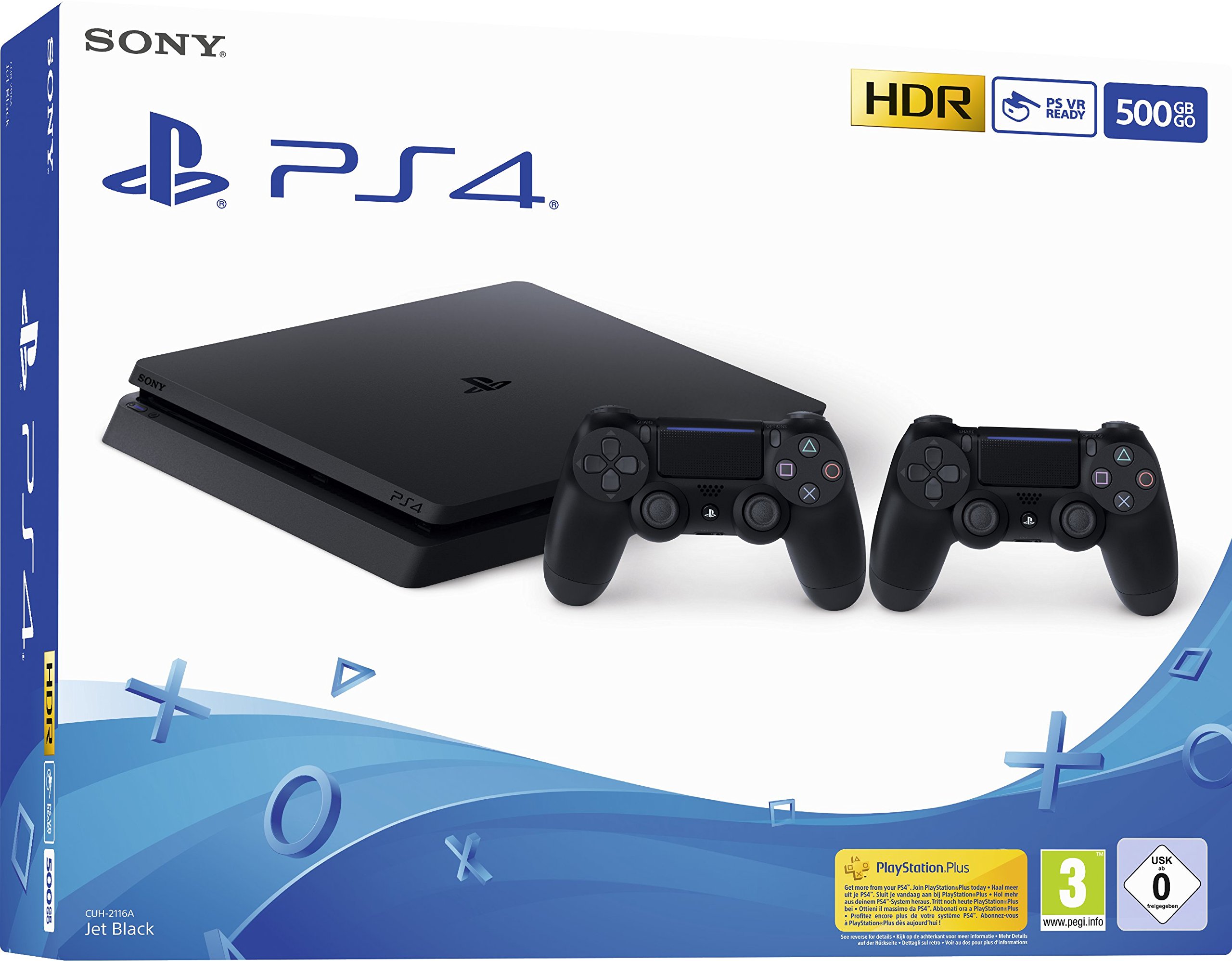 PlayStation 4 - Konsole (500 GB, schwarz, slim, F-Chassis) + zweiter DualShock 4 Controller