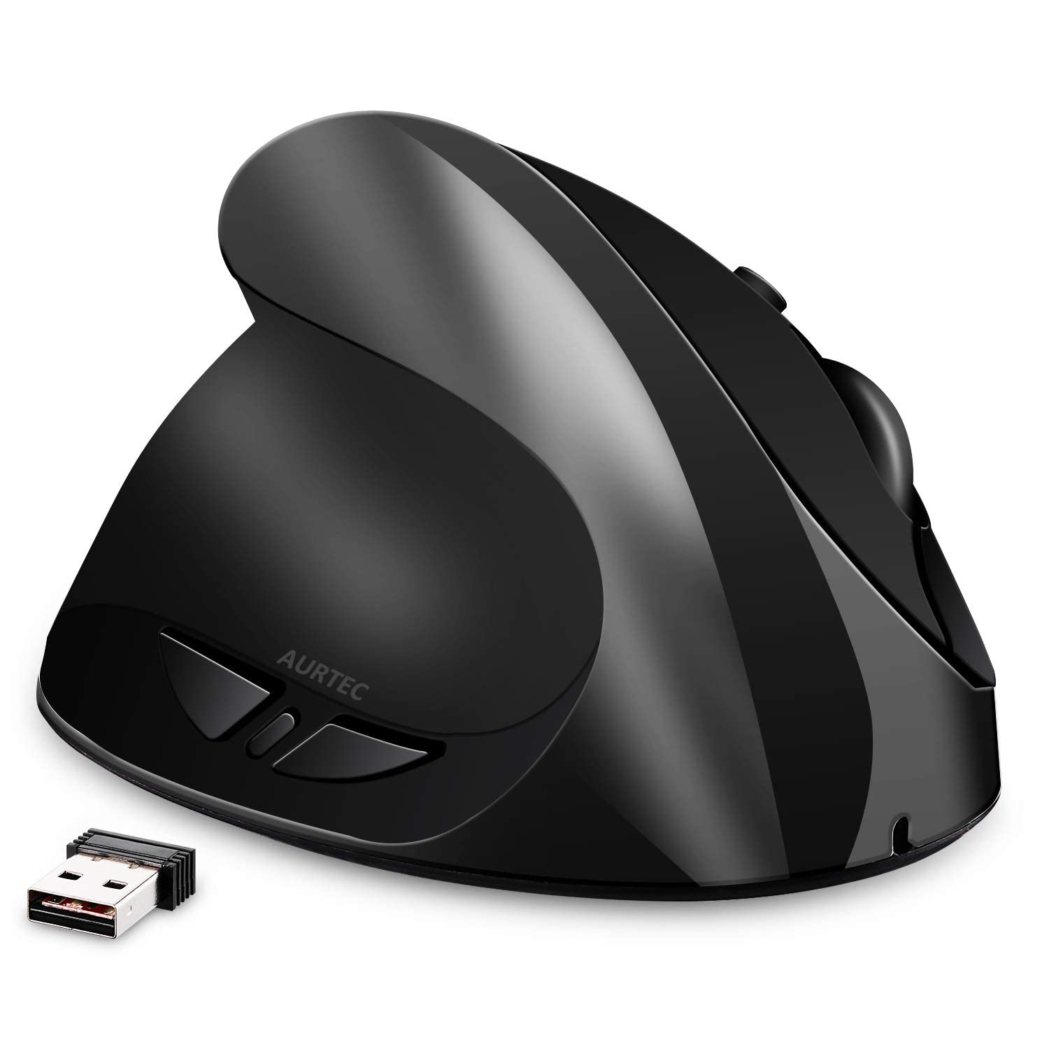 AURTEC Linkshändermaus, wiederaufladbare 2,4G-Drahtlos-Ergonomische Vertikalmäuse mit USB-Empfänger, 6 Tasten und 3 einstellbaren DPI 800/1200/1600 für Linkshänder, Schwarz