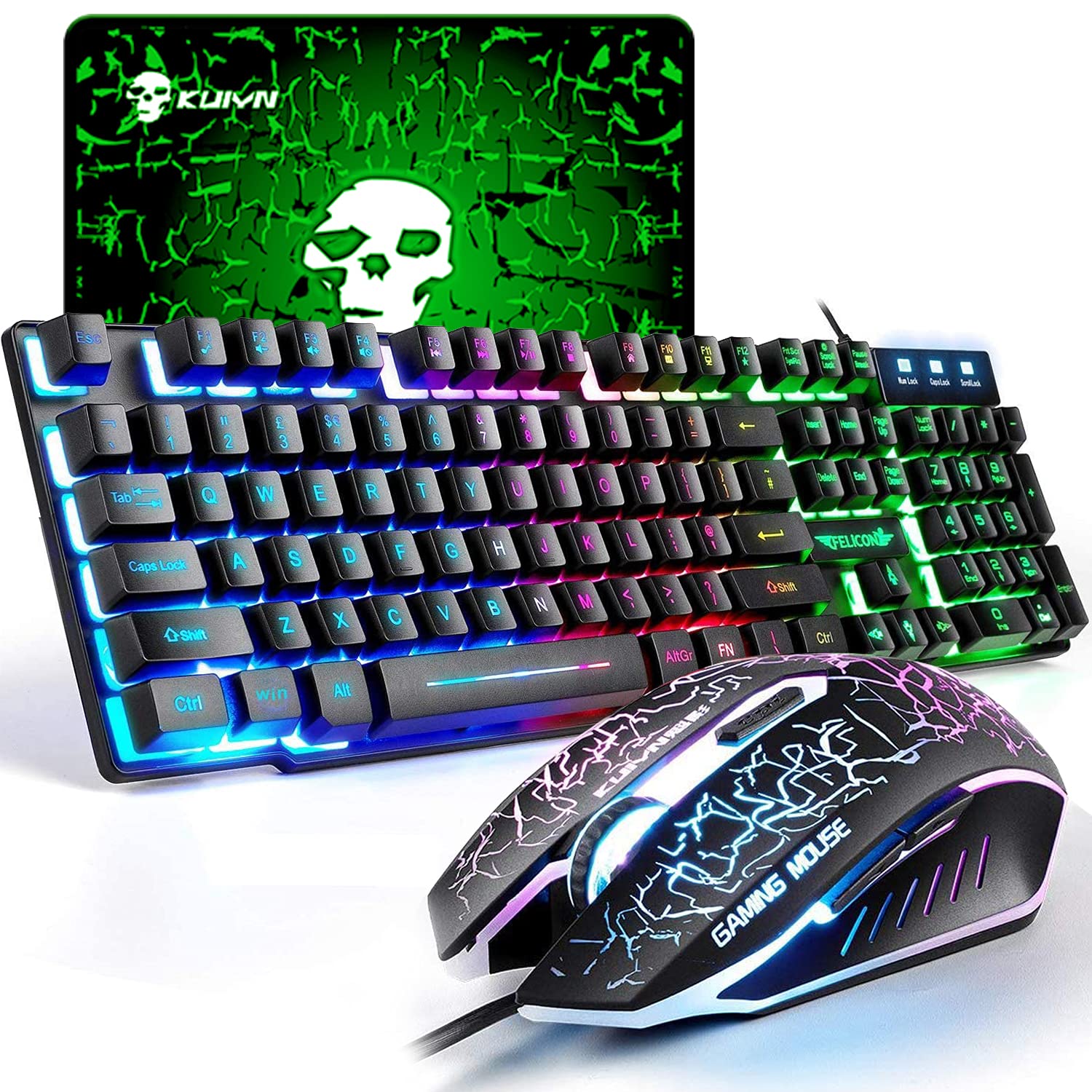 Set aus Tastatur und Maus, UK-Layout, ergonomische Gaming-Tastatur mit Regenbogen-Hintergrundbeleuchtung + 2400 DPI 6 optische Tasten, Gaming-Maus USB, Rainbow LED + kostenloses Mauspad