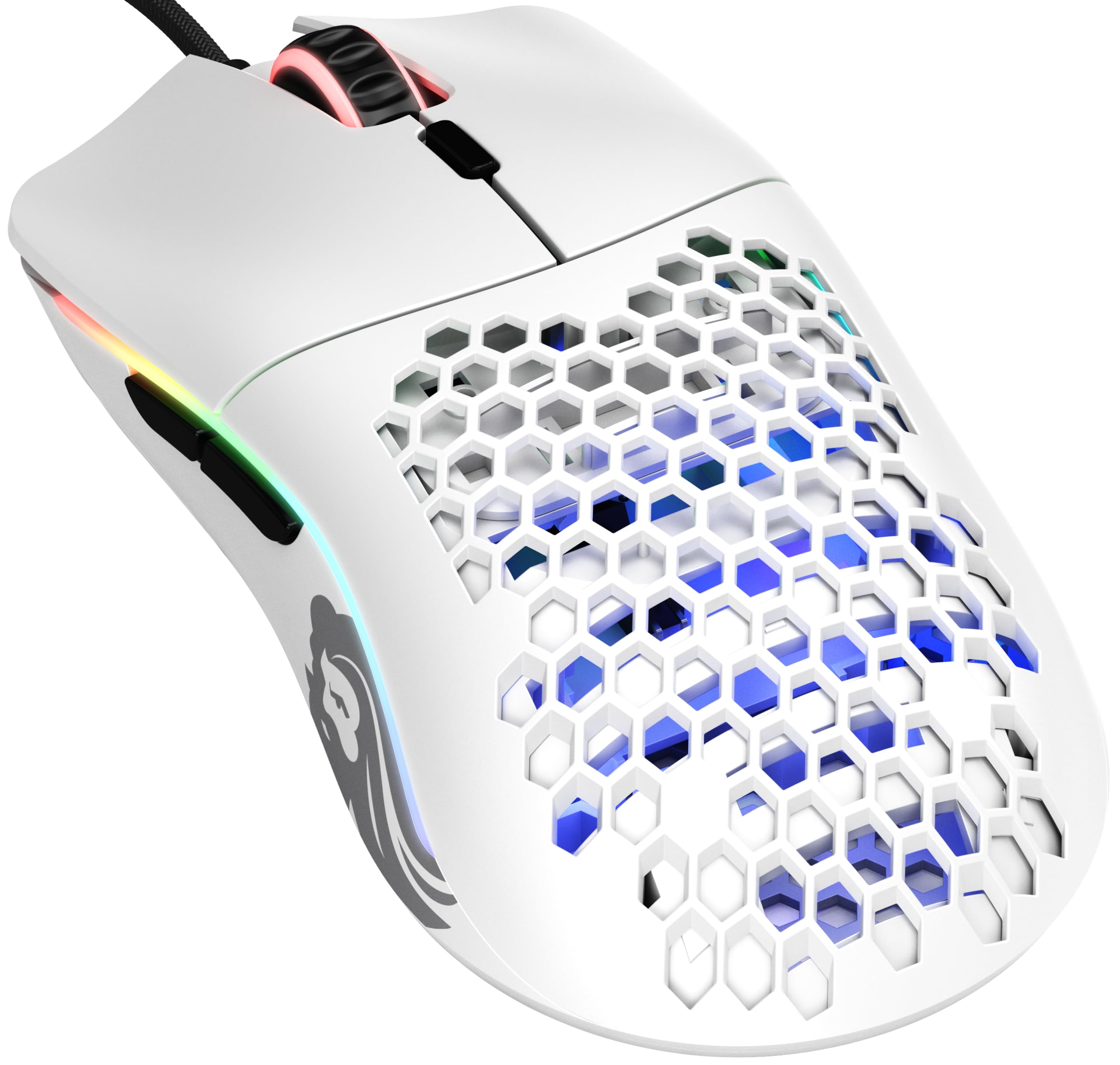 GLORIOUS Gaming Model O Wired Gaming Mouse – superleichtes Wabendesign mit 67 g, RGB-Beleuchtung, Pixart 3360 Sensor, Omron-Schaltern, beidhändig – Mattweiß