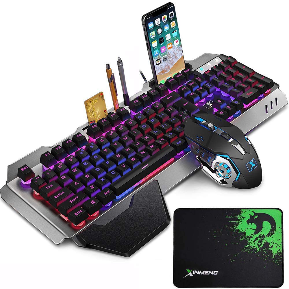 Kabelgebundene Gaming-Tastatur und -Maus-Set, RGB-LED-Hintergrundbeleuchtung, Metallplatte, 104 Tasten, Handauflage, USB-Gamer, beleuchtete Tastatur, 2400 DPI, optische 6 Tasten, PC-Spielmaus +