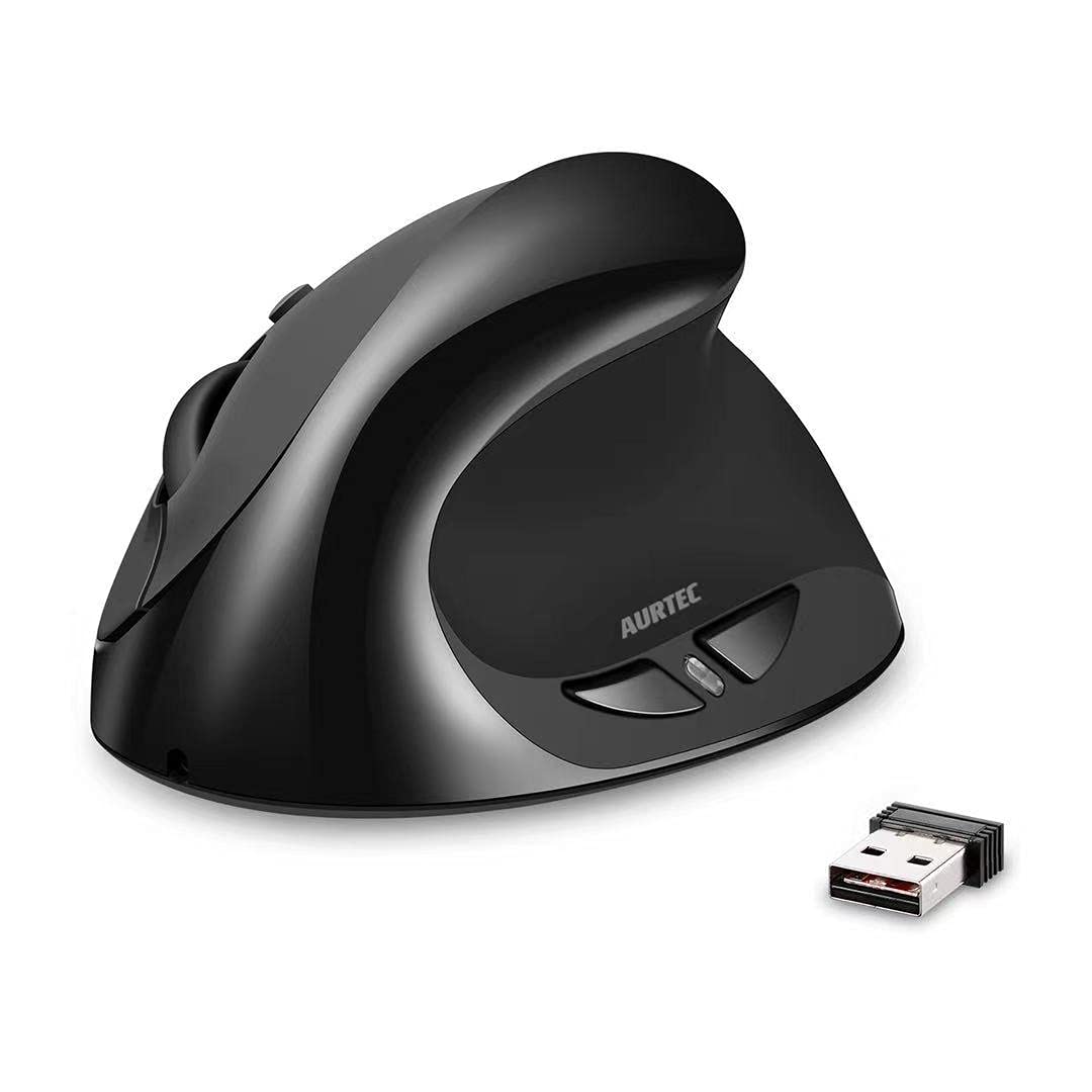 AURTEC Vertikale Maus, Wiederaufladbare 2.4G Wireless-Mäuse mit USB-Empfänger, 6 Tasten und 3 Einstellbaren DPI 800/1200/1600,Schwarz