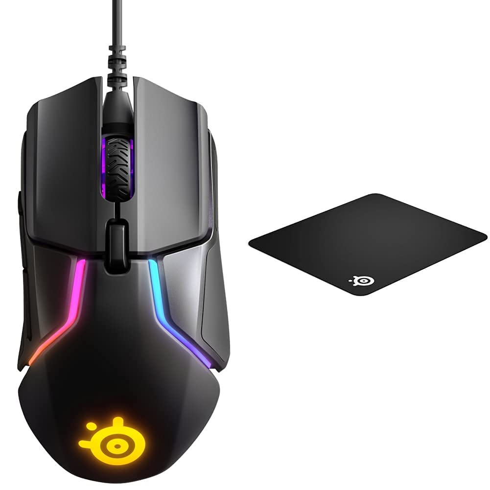 SteelSeries Rival 600 – Gaming-Maus – 12.000 CPI TrueMove3+ Dual Optical Sensor – 0,05 Lift-off-Distanz & QcK+ - Gaming-Mauspad - 450mm x 400mm x 2mm - Stoff - Gummiunterseite - Schwarz