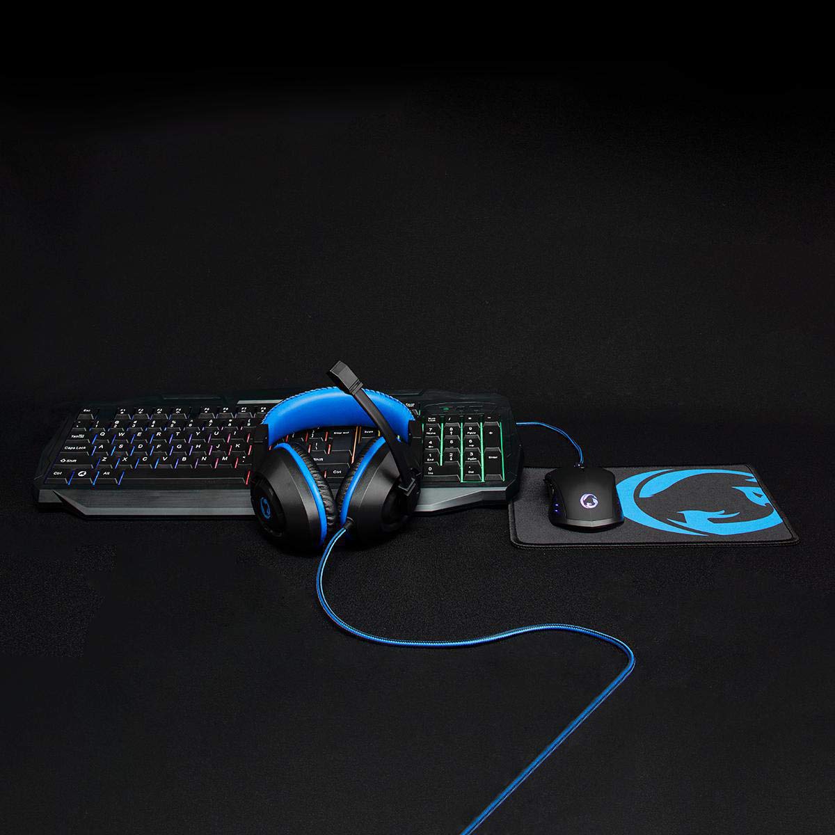 NEDIS Gaming Combo Kit - 4-in-1 - Tastatur, Headset, Maus und Mauspad - Blau/Schwarz - QWERTY - US-Layout