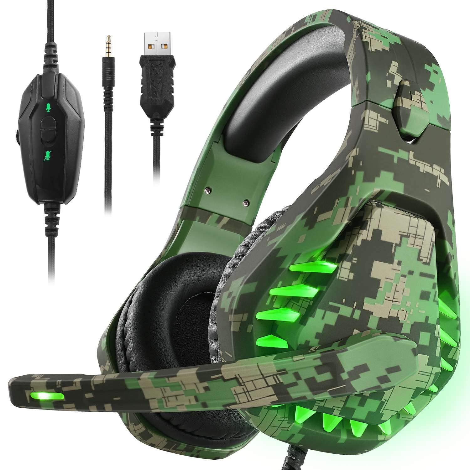 ENVEL Gaming Headset für PS4 PC Xbox One Kopfhörer mit Mikrofon LED Licht Noise Cancelling Over Ear Kompatibel mit Switch PC Laptop Mac PS5, Camouflage grün