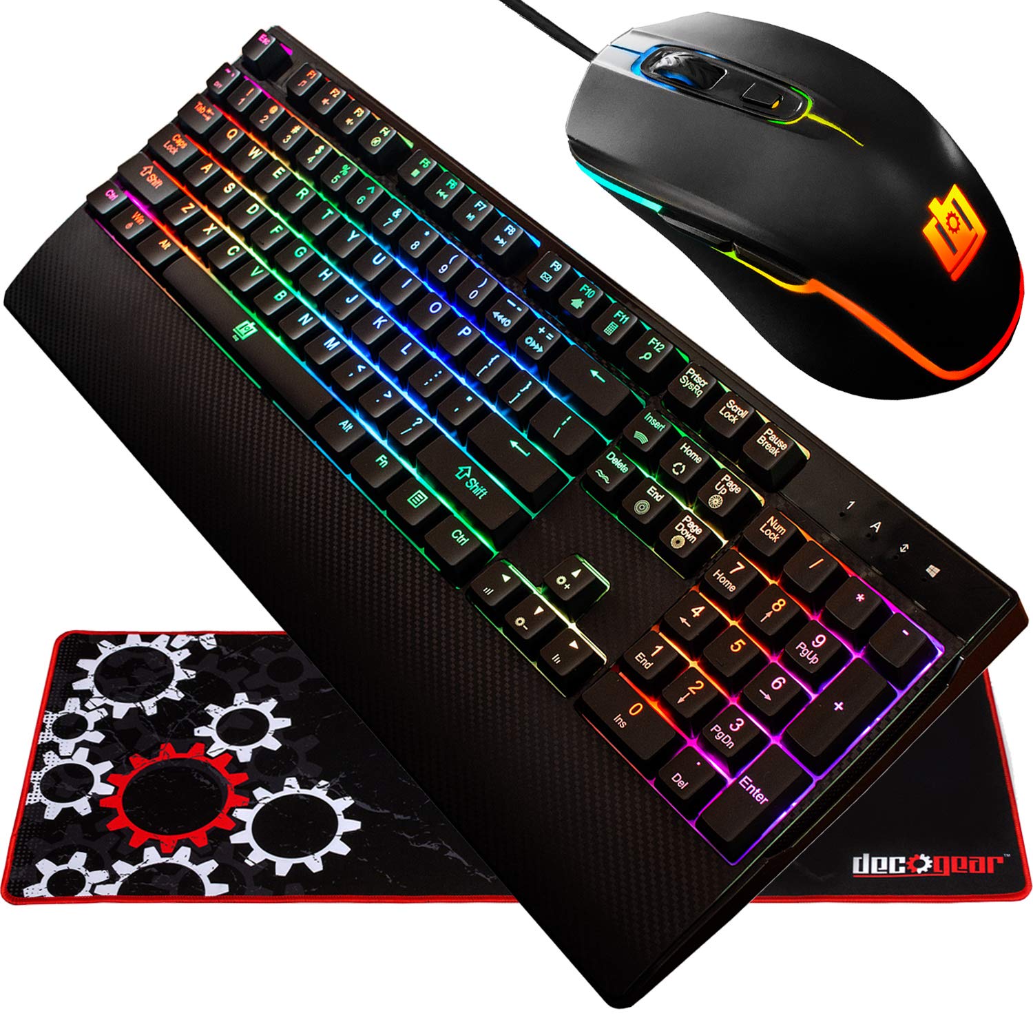 Deco Gear Gaming-Zubehör-Set – Mechanische 18-Muster, 104 Tasten, RGB-Tastatur, 11-Modus, RGB-Gaming-Maus und 81,3 x 30,5 cm erweitertes Mauspad