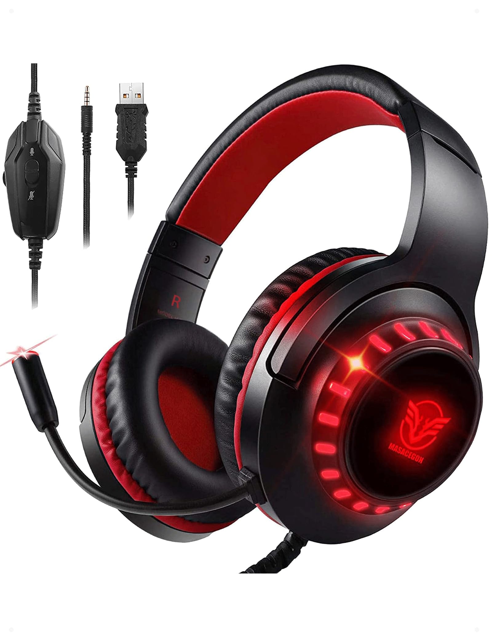 Pacrate Gaming-Headset für PS4/PS5/Xbox One/PC/Nintendo Switch, Gamer PC Kopfhörer mit Mikrofon, Gaming-Switch mit LED-Licht, Gaming-Headset PS5 mit Stereo, Bass, Geräuschunterdrückung, Rot
