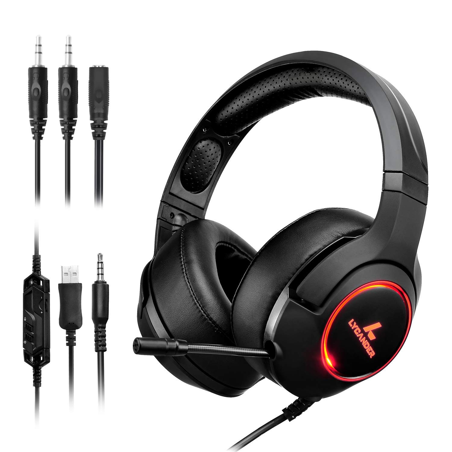 LYCANDER Gaming-Headset mit Mikrofon und LED-Licht, 3,5 mm Eingang, für PC, PS4, Xbox One, Nintendo Switch und mehr (Advanced - Schwarz und Orange)
