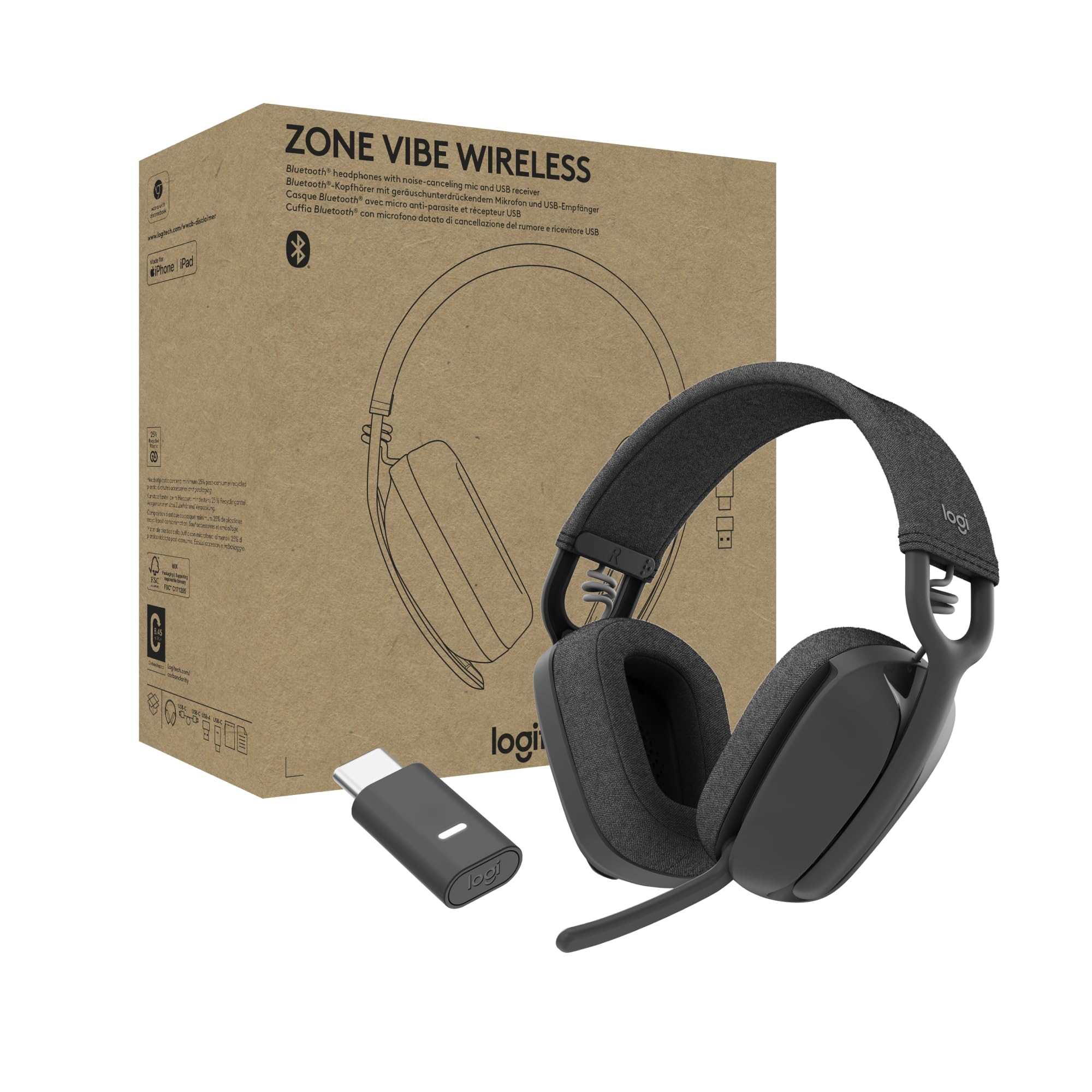 Logitech Zone Vibe Wireless Bluetooth Headset mit Mikrofon mit Geräuschunterdrückung, USB-A, USB-C, für Google Meet, Google Voice, Zoom, Mac/PC - Graphit