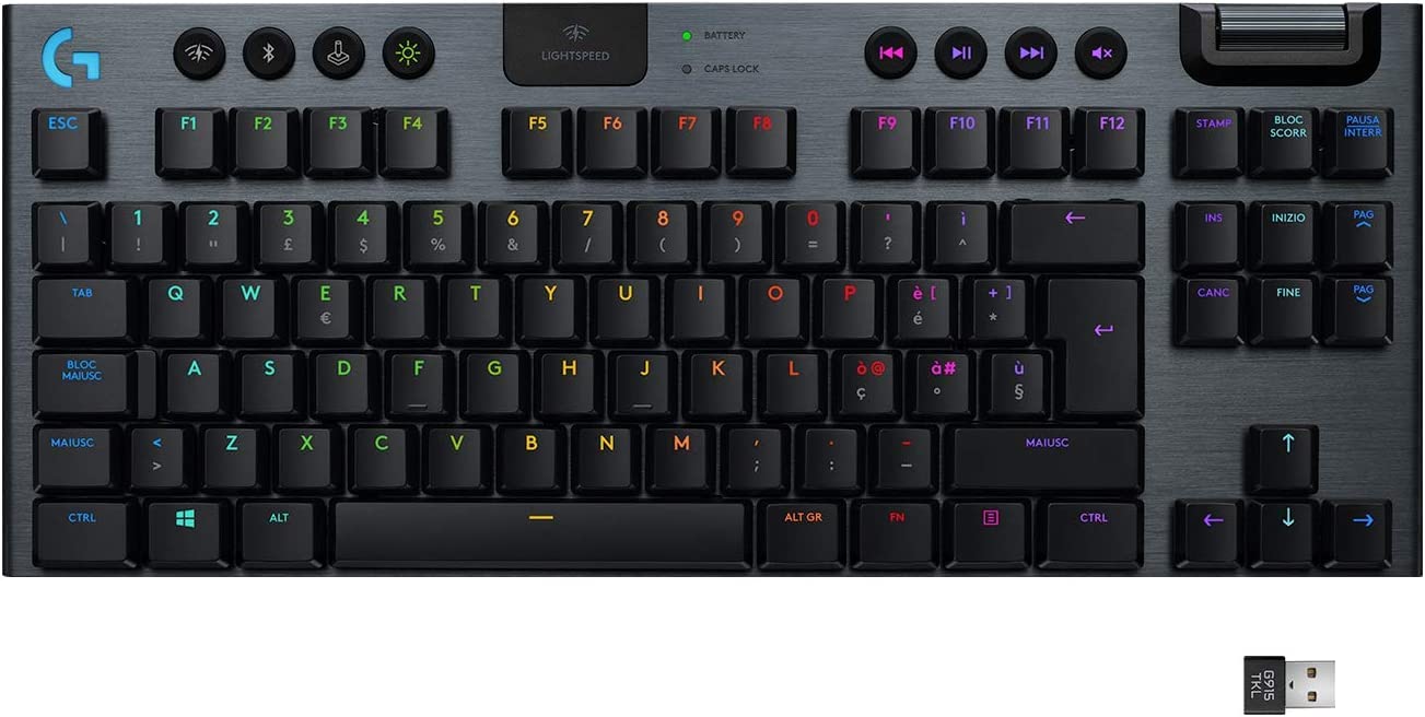 Logitech G 915 Lightspeed TKL Tenkeyless-Tastatur, kabellos, mechanisches Gaming-Profil, GL-Tactile Switches, LIGHTSYNC RGB, +40 Stunden Akkulaufzeit, Italienisch QWERTY - Schwarz