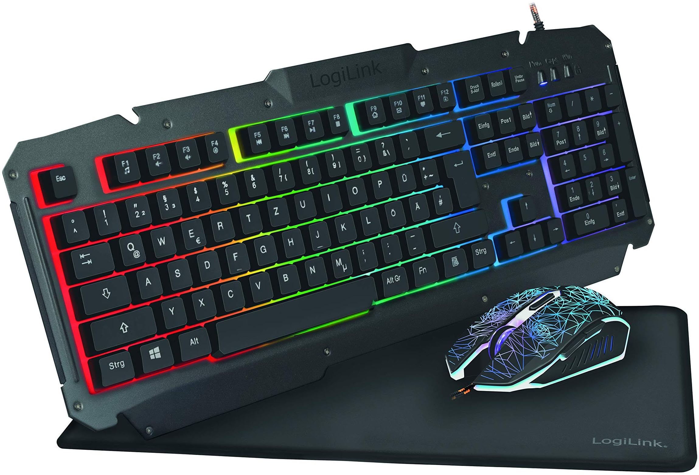 LogiLink ID0185 - Gaming-Set: Maus (800-2400dpi - beleuchtet) & Tastatur mit atemberaubender Metalloberfläche + Regenbogen LED-Hintergrundbeleuchtung & Gaming Mauspad (35x25cm)