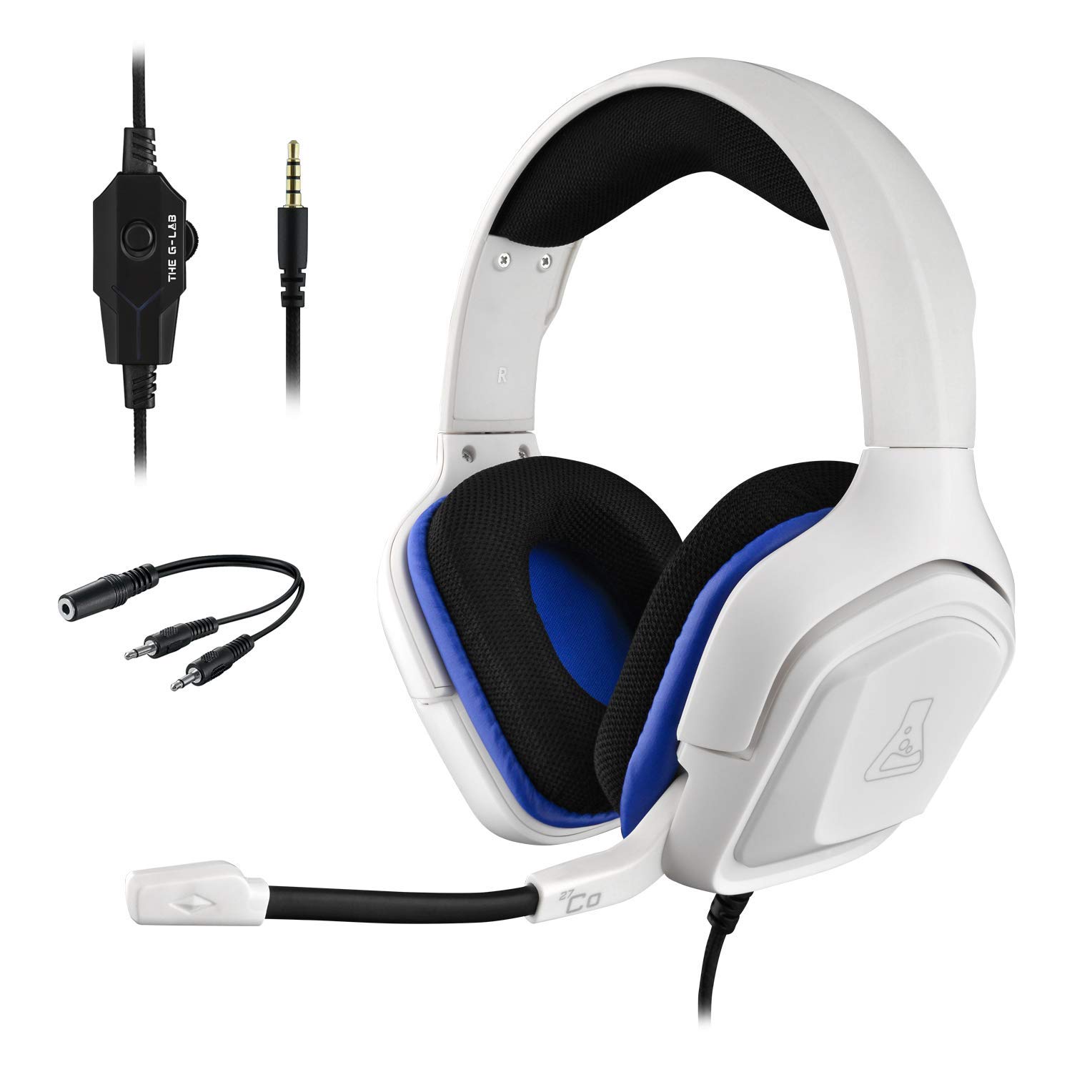 The G-LAB Korp Cobalt Gaming Headset - Stereo Mikrofon, Ultraleicht, Ultra Bass Stereo Headset - 3,5 mm Klinke für PC PS4 PS5 Xbox One Mac Nintendo Switch Tablet Smartphone (weiß)