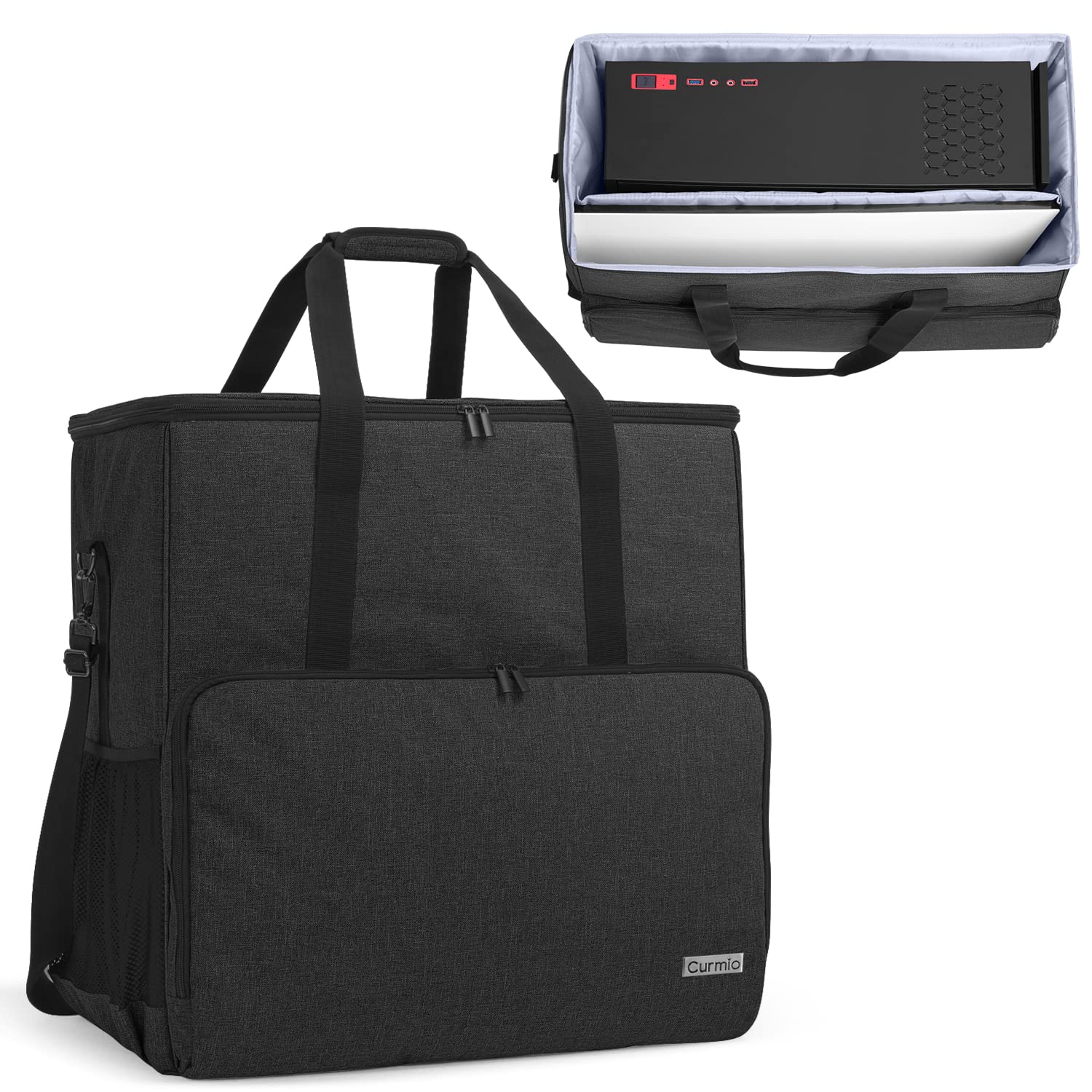 CURMIO Reisetasche für Desktop Computer und Monitor, Tragetasche für Computer PC-Gehäuse, Tastatur, Kabel und Maus, PC und Display Tasche für Gamer/Multimedia/Büro, (NUR MIT Tasche), Schwarz