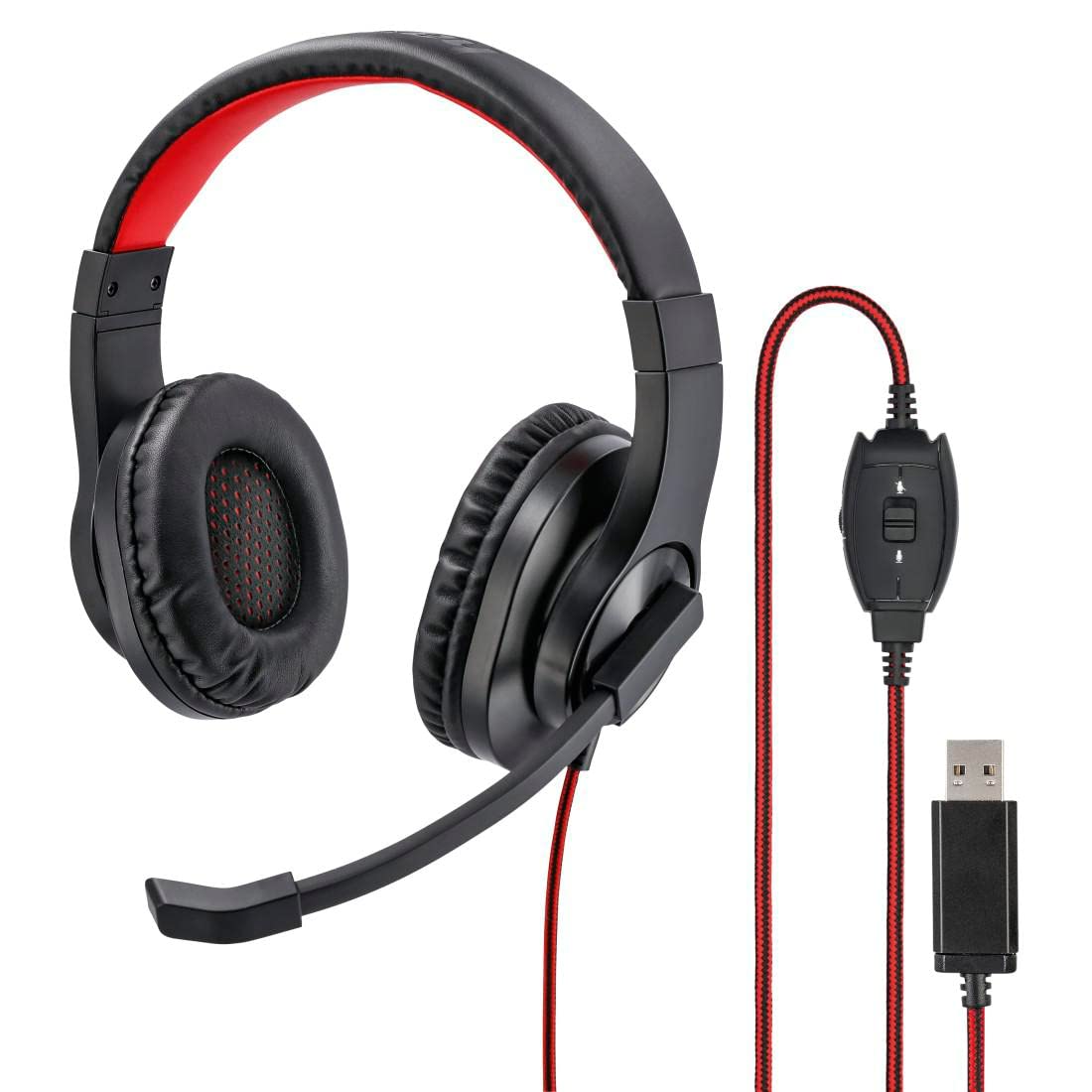 Hama USB Headset, Over Ear Kopfhörer mit Mikrofon (Headset mit Lautstärkenregler und verstellbarem Mikrofonarm, für Videokonferenzen, Homeoffice, Callcenter, eLearning, USB-A-Stecker) schwarz, rot