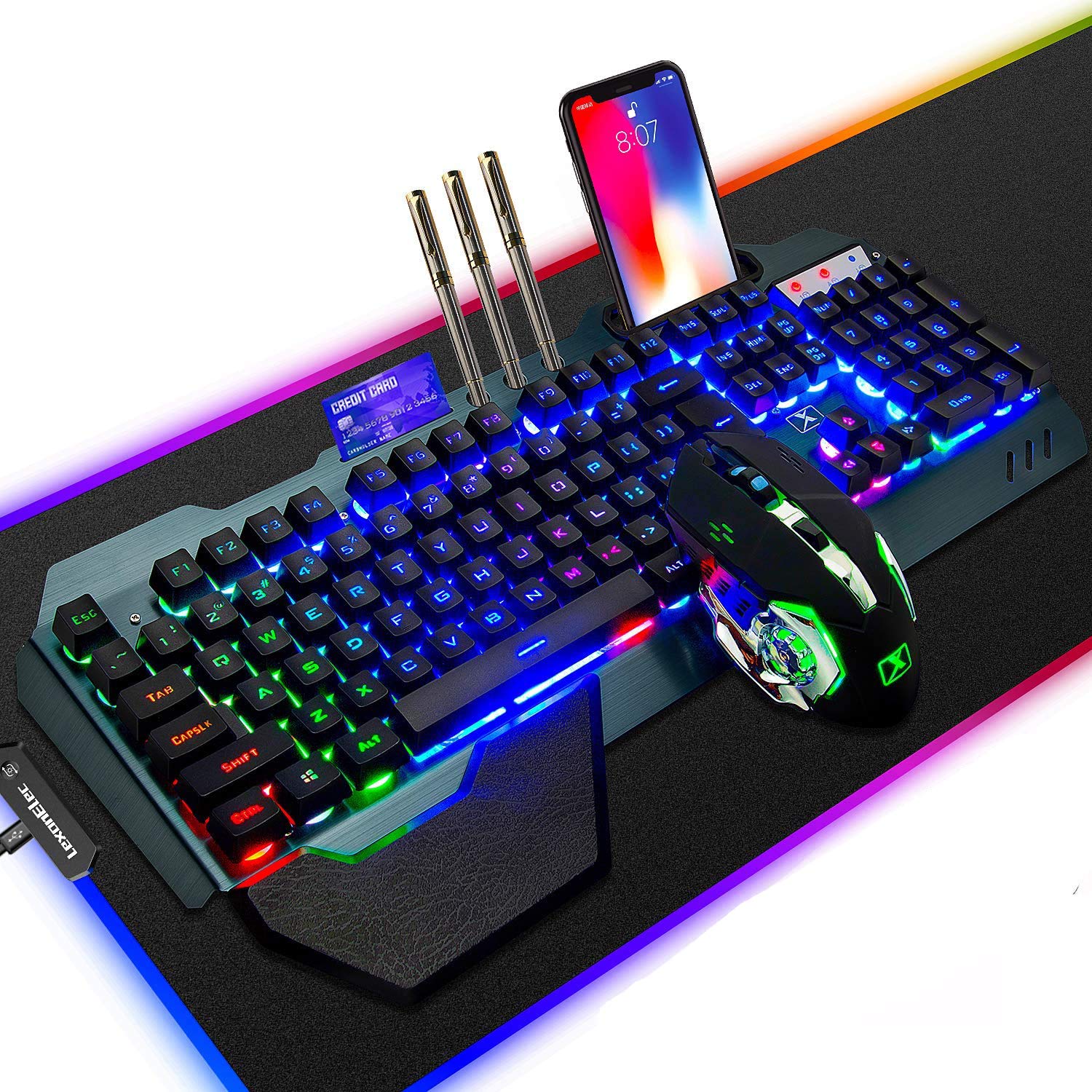 LexonElec Wireless 2.4G wiederaufladbare Tastatur Maus Set 3800mAh Große Kapazität Regenbogen-Gamer-Tastatur mit Hintergrundbeleuchtung 2400DPI 7 Farben Atmungsmaus e Mäuse Großes RGB-Gaming-Mauspad