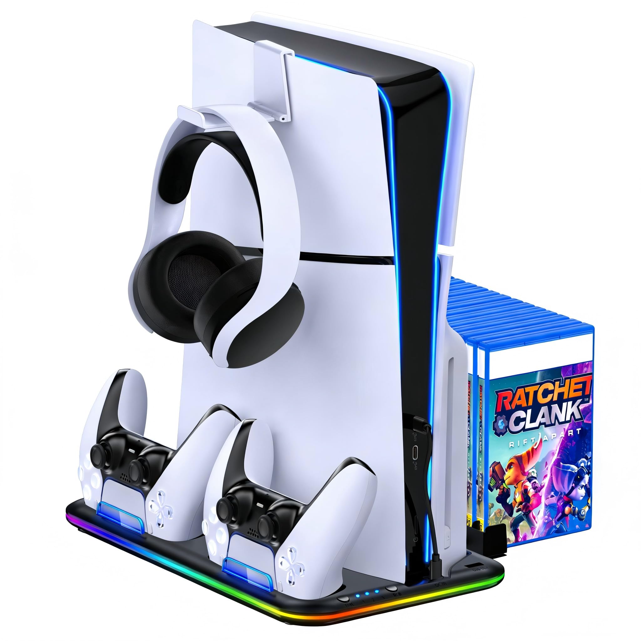 PS5 Stand Kühlstation für PS5/PS5 Slim/PS5 Pro,Vertikalständer mit Ultra-Lüfter und Buntem Licht, Headset-Halterung,PS5-Zubehör,Schwarz