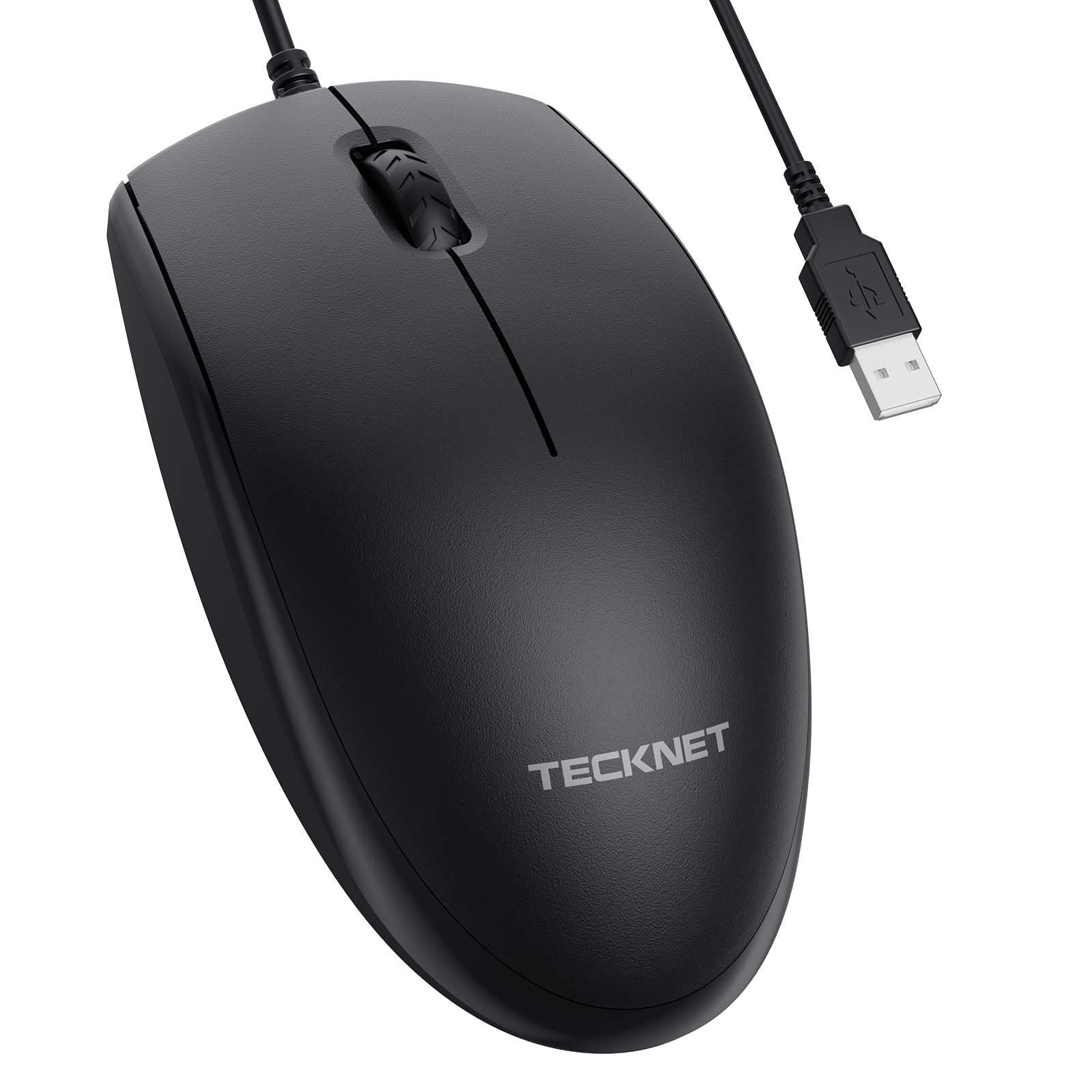 TECKNET Silent Maus mit Kabel, 1600 DPI Optical Business Computer Maus mit 3 Tasten, Symmetrisches Design für Links- & Rechtshänder, USB-Plug & Play, für Laptop/PC/Mac - Schwarz