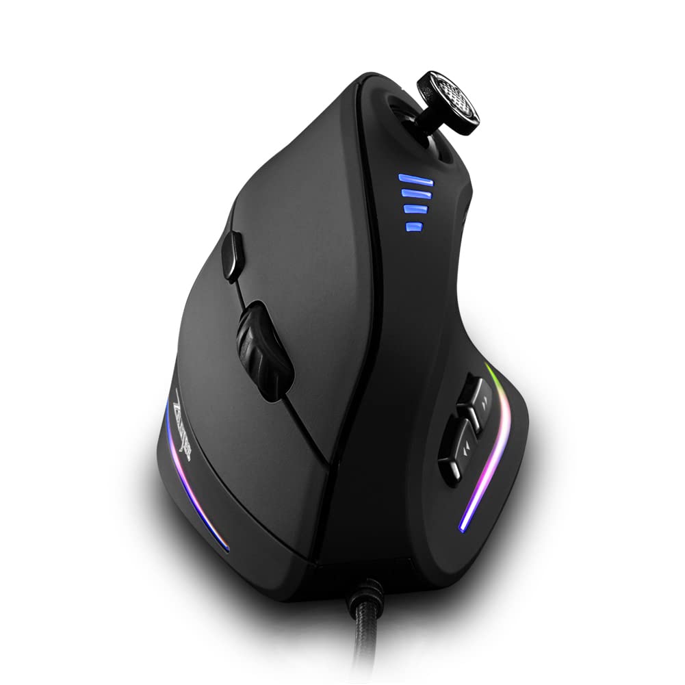 Zelotes Vertikale Maus mit Kontrollleiste, 10000 DPI, LED, optisch, USB, kabelgebunden, Gaming-Maus, Schwarz