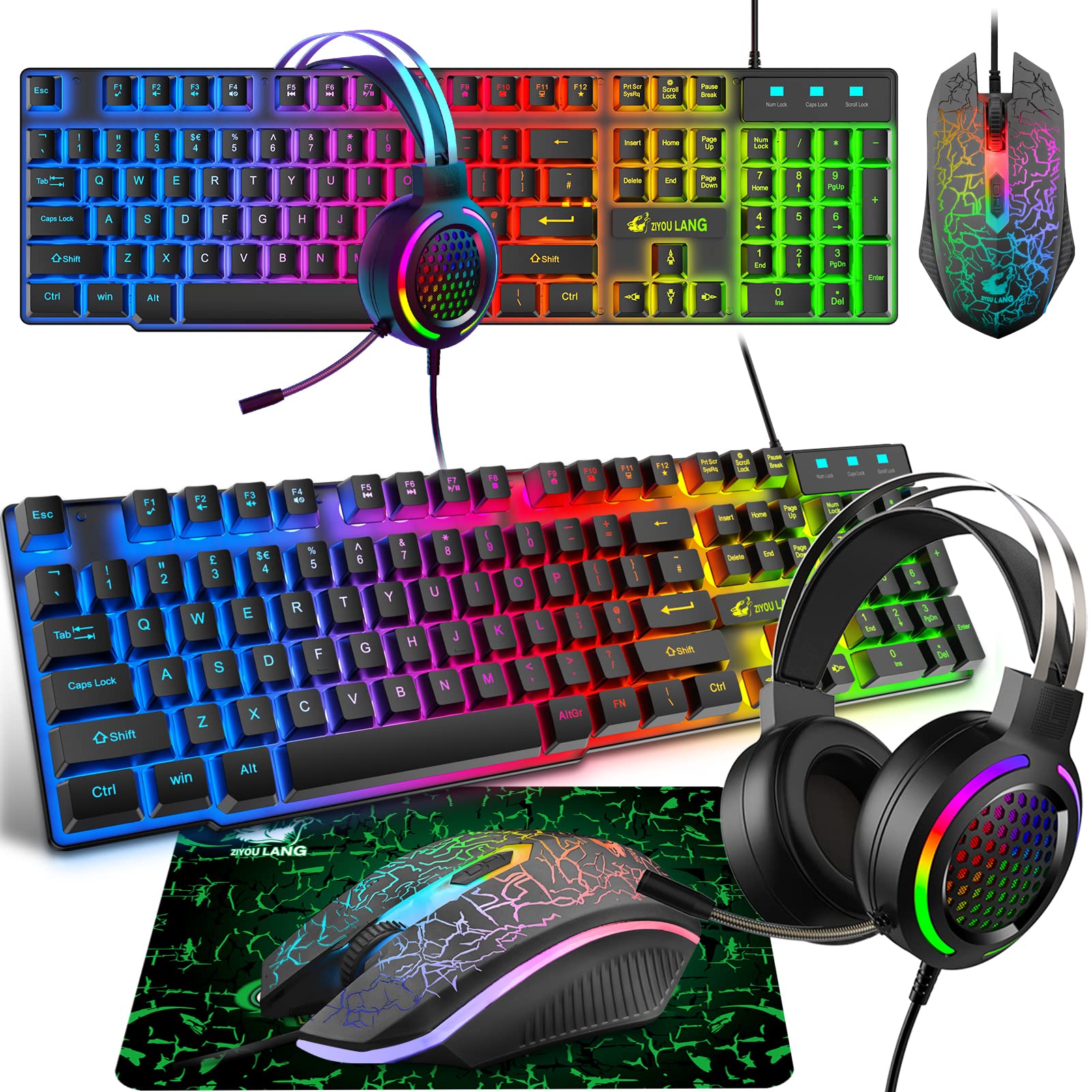 Gaming Tastatur Headset & Maus Set, 104 Tasten Rainbow Backlit UK Layout Tastatur 2400DPI Maus 7.1 Surround Sound RGB Leichte Waben Headset Mauspad Kombination für PS4 XBox(Need Adapter) Schwarz