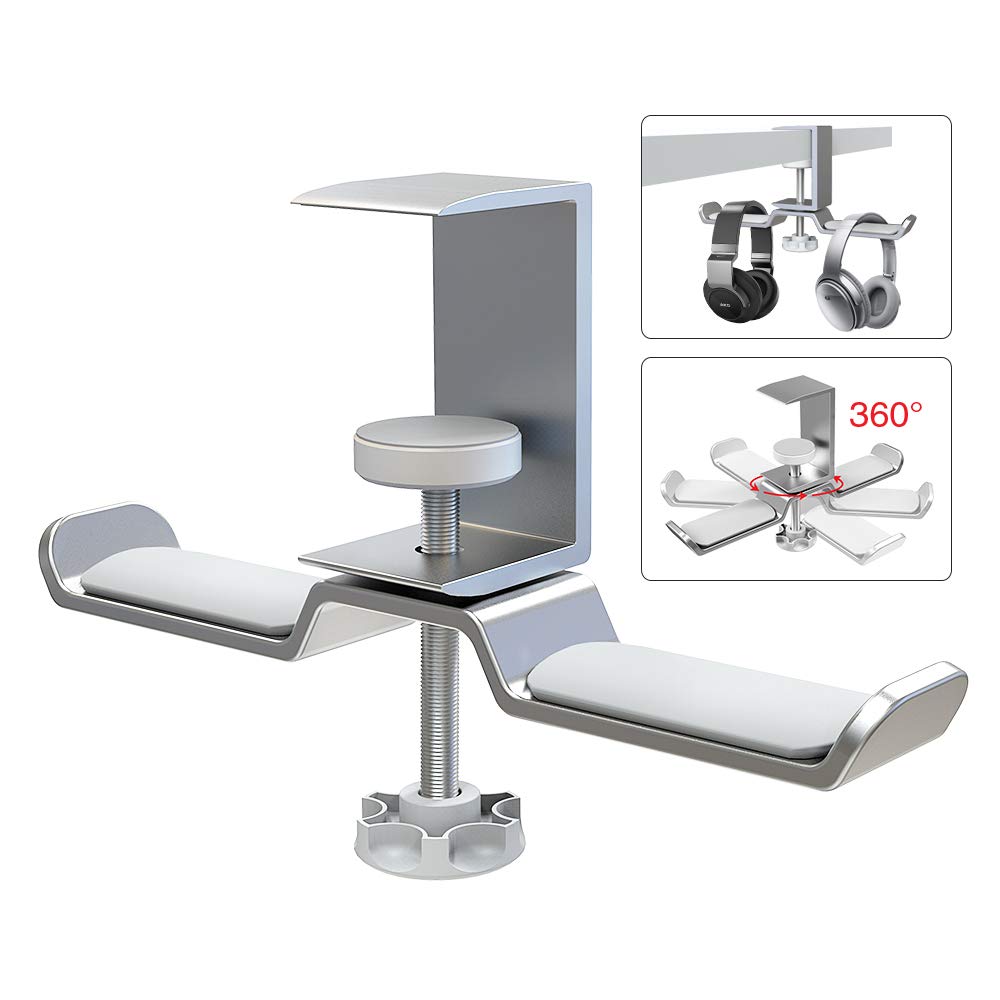 6amLifestyle Doppelter drehbarer Kopfhörer-Ständer zum Aufhängen unter dem Schreibtisch, Klemme, Headset-Halter, Aluminium, Belastung bis zu 5 kg, kompatibel mit Universal-Kopfhörern, Silber 6A-13SV