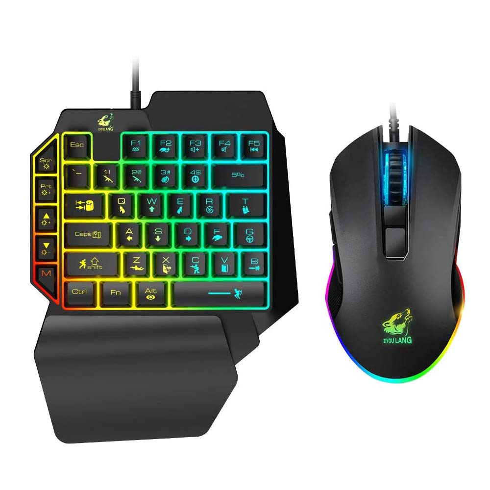 Kombination aus Gaming-Tastatur und -Maus, verkabelt 39 Tasten Mechanisches Gefühl Regenbogen-Hintergrundbeleuchtung mit Handgelenkstütze Für PC/Xbox/PS4-Einhandtastatur und RGB-Gaming-Maus (schwarz)