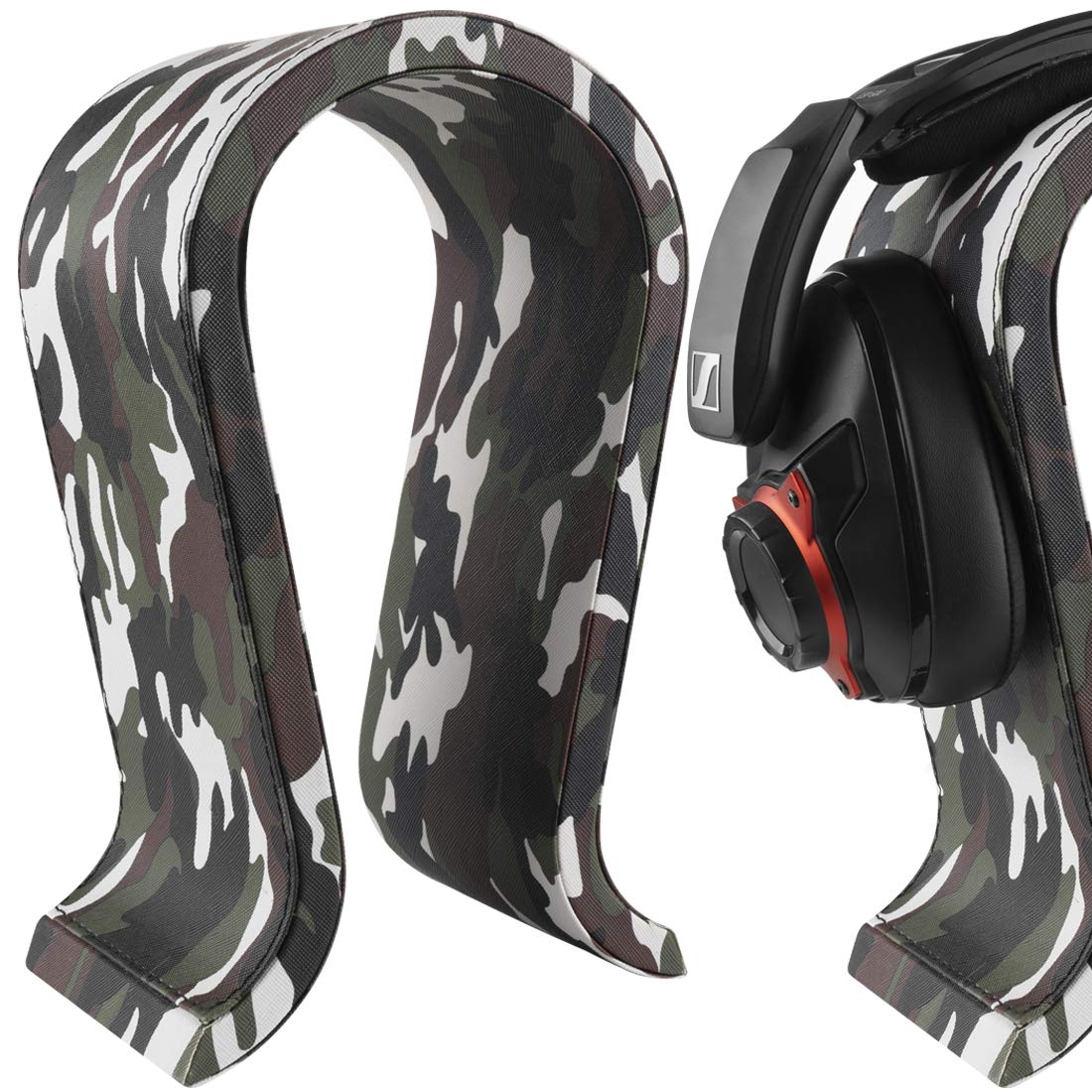 GEEKRIA Camo Gaming-Headset-Ständer, Veganer Ledersockel aus Holz, Omega-Kopfhörerhalter für den Schreibtisch, Display-Rack für Over-Ear, kompatibel mit JBL, HyperX, Razer, Turtle Beach, Sony PS5