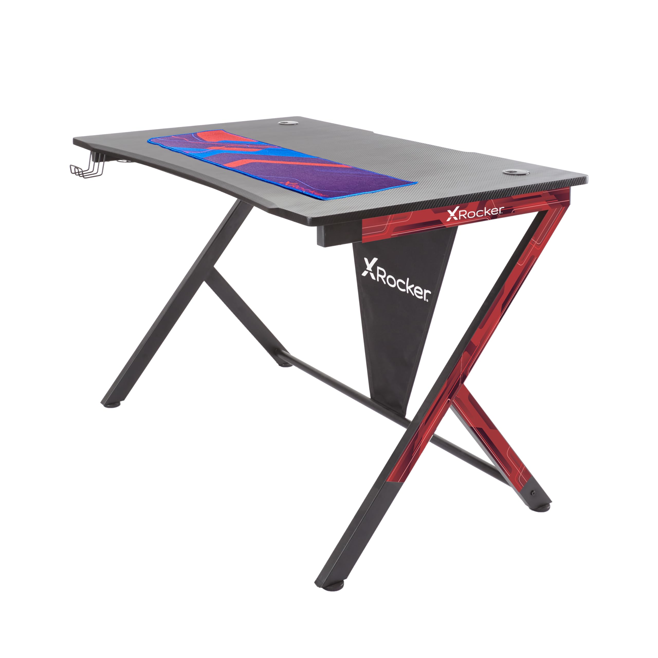 X Rocker Ocelot Aluminium Carbon Gaming Tisch mit Kabelmanagement, Headset-Ablage & Becherhalter 115 x 73,5 x 77 cm