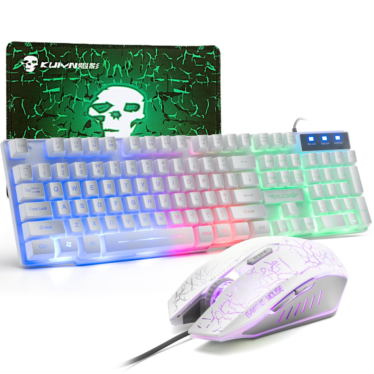 Gaming-Tastatur und Maus-Set, 104 Tasten Rainbow Backlit QWERTY UK Layout-Tastatur + 2400 DPI 4 Tasten Atemmaus + Mauspad-Kombination, USB-Kabel Kompatibel mit PS4 Xbox (Need Adapter) Weiß