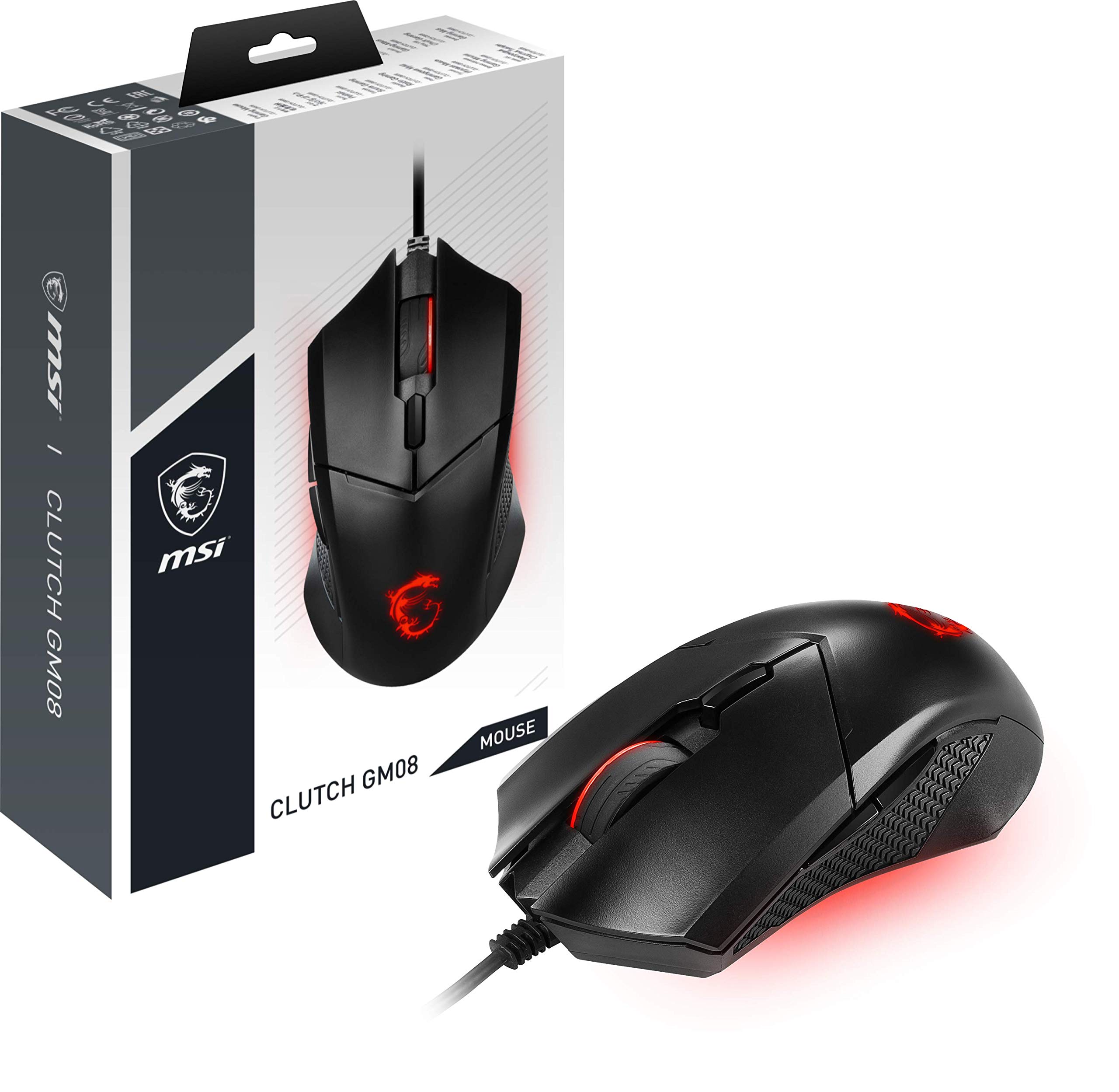 MSI Clutch GM08 Gaming Maus (kabelgebunden, PAW-3519 Sensor, 200-4200 DPI, 6 Tasten, schwarz, RGB Light)