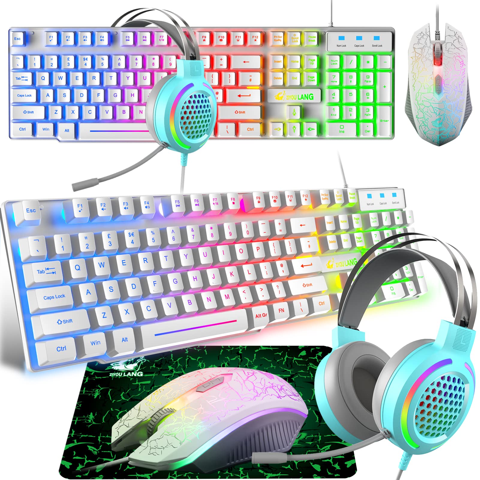 Gaming Tastatur Headset & Maus Set, 104 Tasten Rainbow Backlit UK Layout Tastatur 2400DPI Maus 7.1 Surround Sound RGB Leichte Waben Headset Mauspad Kombination für PS4 Xbox(Need Adapter) Weiß