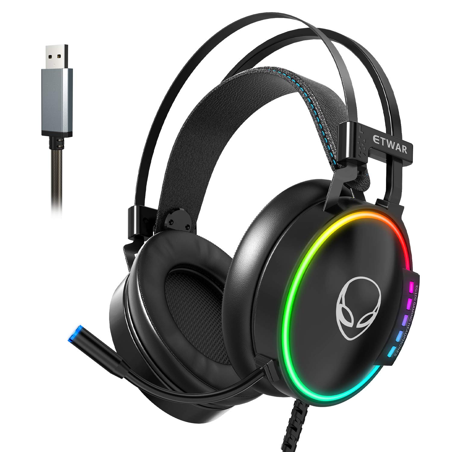 ETWAR USB-PC-Gaming-Headset mit Mikrofon, Kopfhörer für Videospiele, bequeme Ohrenschützer aus Memoryschaum, USB 7.1 Surround-Sound für PC/Laptop, PS5-Konsole, Laptop