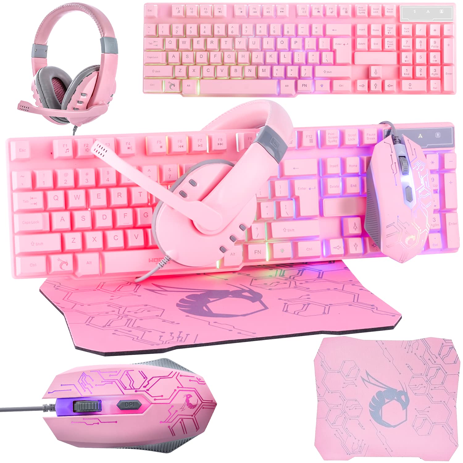 Pink Gaming Tastatur und Maus Headset Kopfhörer und Mauspad Kabelgebundene LED RGB Hintergrundbeleuchtung Bundle Pink PC Zubehör für Gamer und Xbox und PS4 PS5 Nintendo Switch Benutzer - 4in1 Edition
