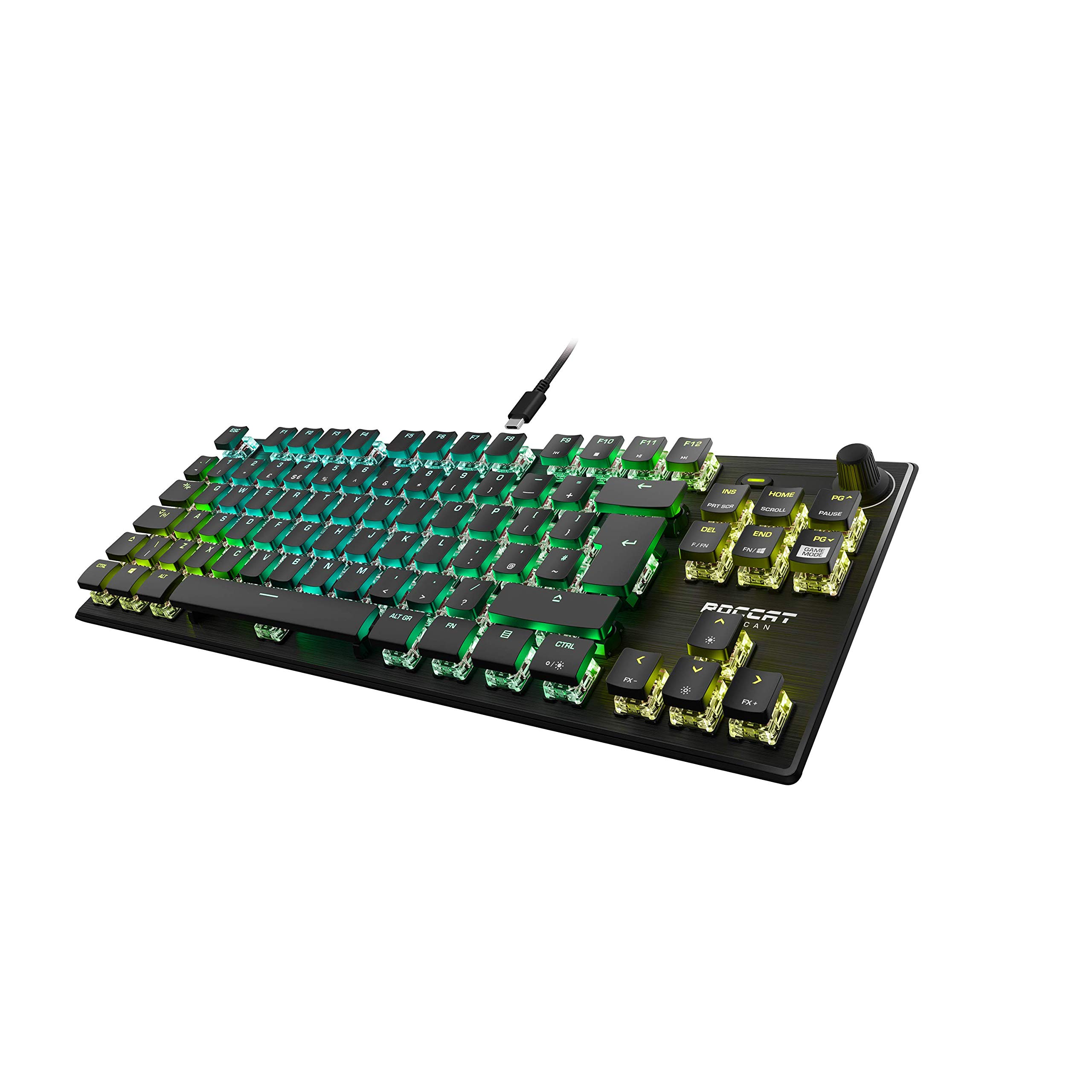 Roccat Vulcan TKL Pro – kompakte, optische RGB-Gaming-Tastatur, Aimo LED Per-Tastenbeleuchtung, Titan Switch Optisch, langlebiges Design (Aluminium-Deckplatte), Multimedia-Rad