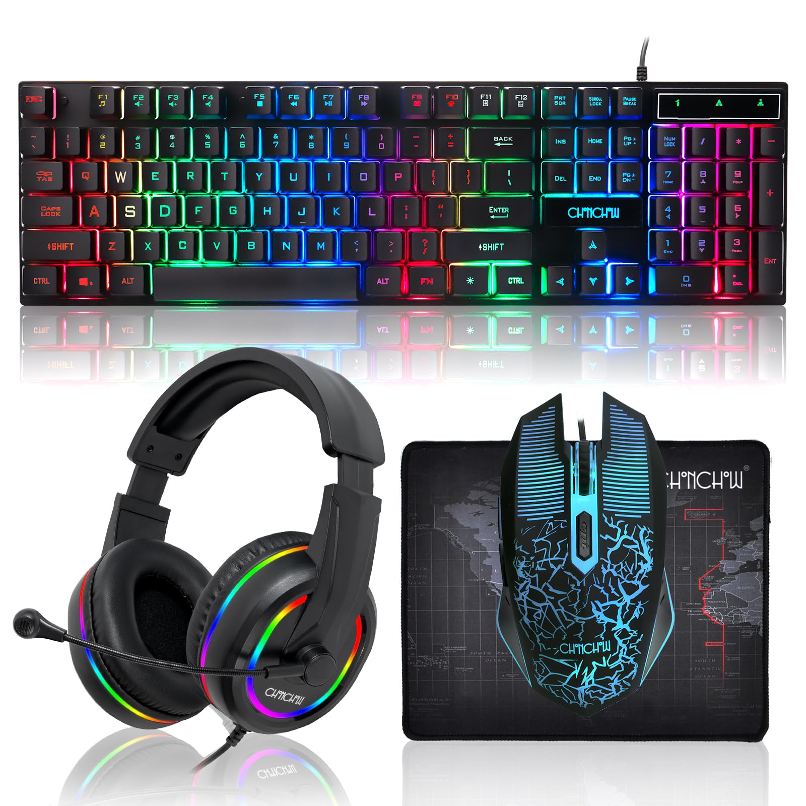 CHONCHOW Gaming-Tastatur, Maus, Headset und Mauspad, kabelgebunden, Regenbogenfarben, LED-beleuchtet, Gaming-Tastatur, Maus, Headset, 4-in-1-Spielset für Xbox, PS4, PS5, PC, Laptop, Gamer