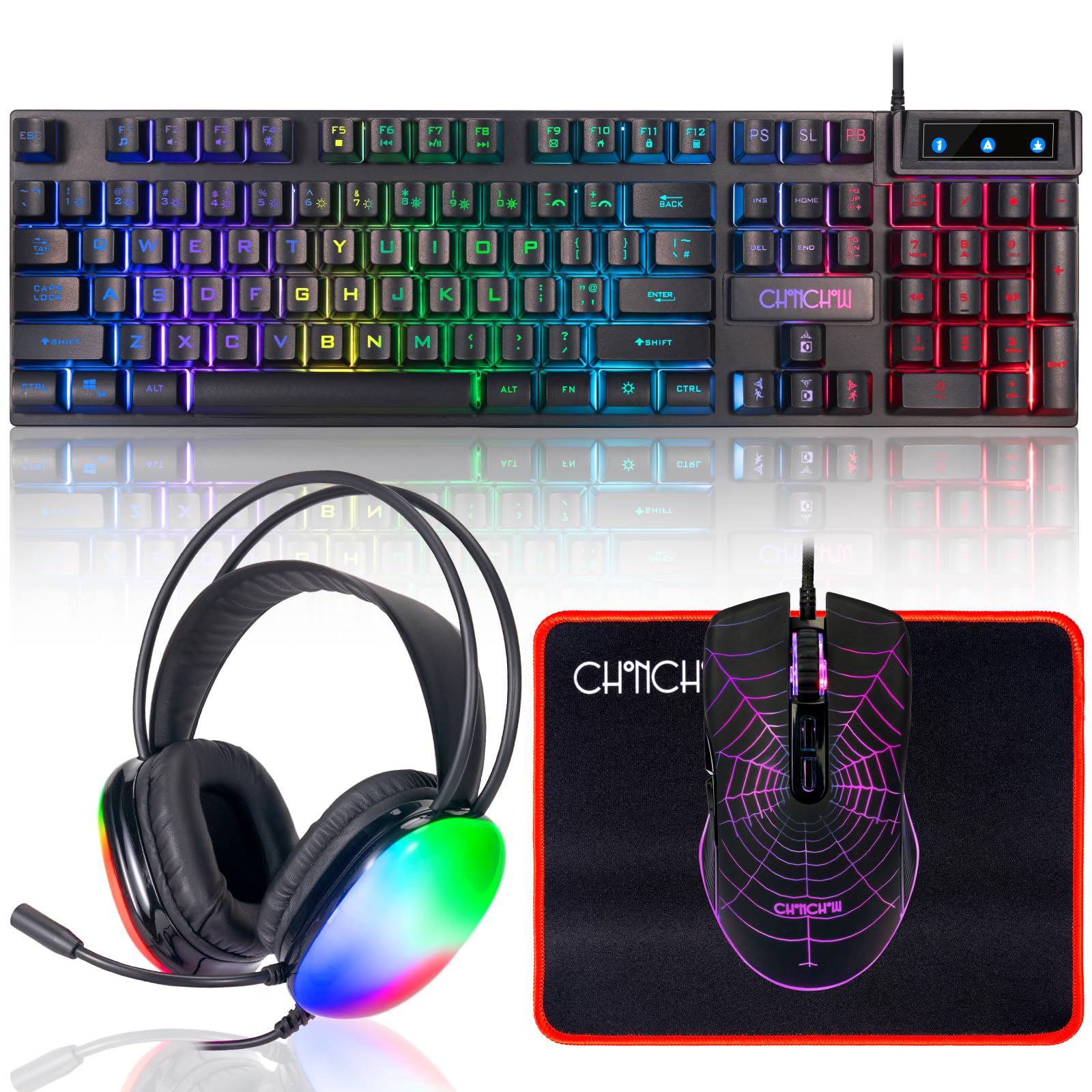 Gaming-Tastatur, Maus, Mauspad und Headset mit Mikrofon, All-in-One, USB, verkabelt, RGB-Hintergrundbeleuchtung, Regenbogen-Seitentaste, Gamer-Set, kompatibel mit PC, Windows, Xbox One, PS4, PS5