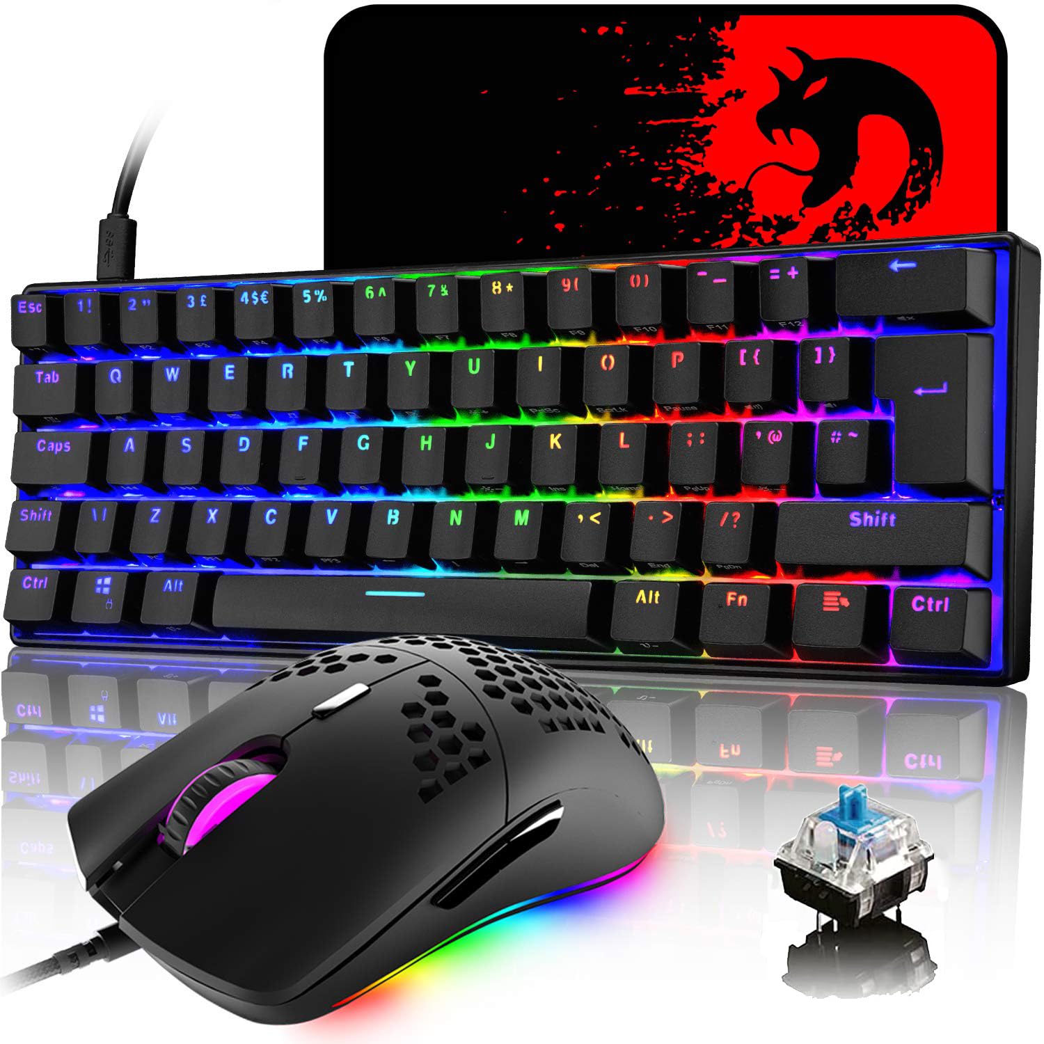 MK21 Gaming Tastatur und Maus Set, RGB 60% Mechanische Tastatur, 62 Tasten Wired Beleuchtung Gaming-Tastatur QWERTY + 6400 DPI Ultraleicht Gaming Maus + Mauspad für PS4, Xbox, PC - Schwarz/Blue Switch