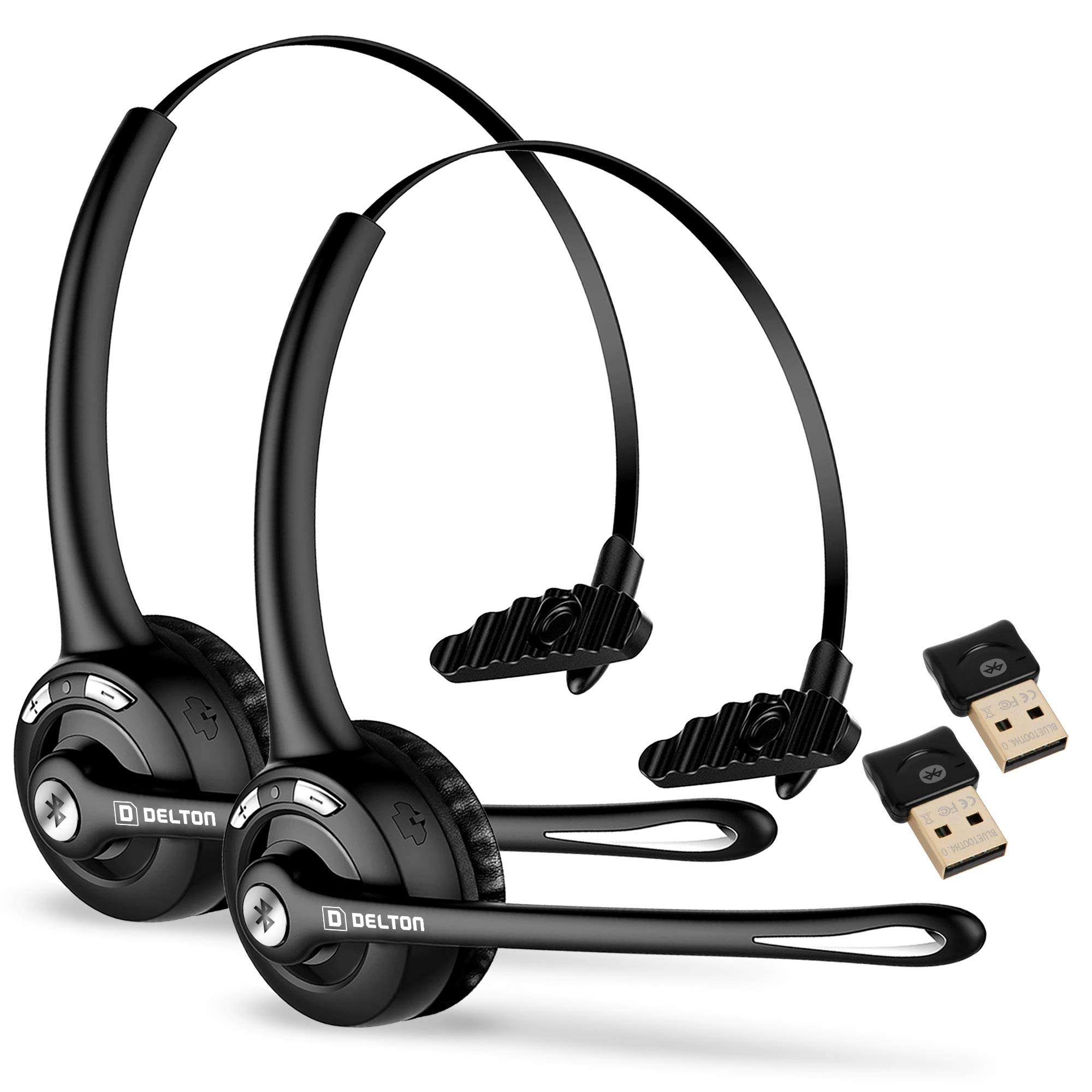 Delton Trucker Bluetooth-Headset, kabellose Kopfhörer mit Mikrofon, einzelner Ohrhörer mit Mikrofon für Skype, Call-Center, LKW-Fahrer – 18 Stunden (mit USB-Dongle) (2er-Pack)
