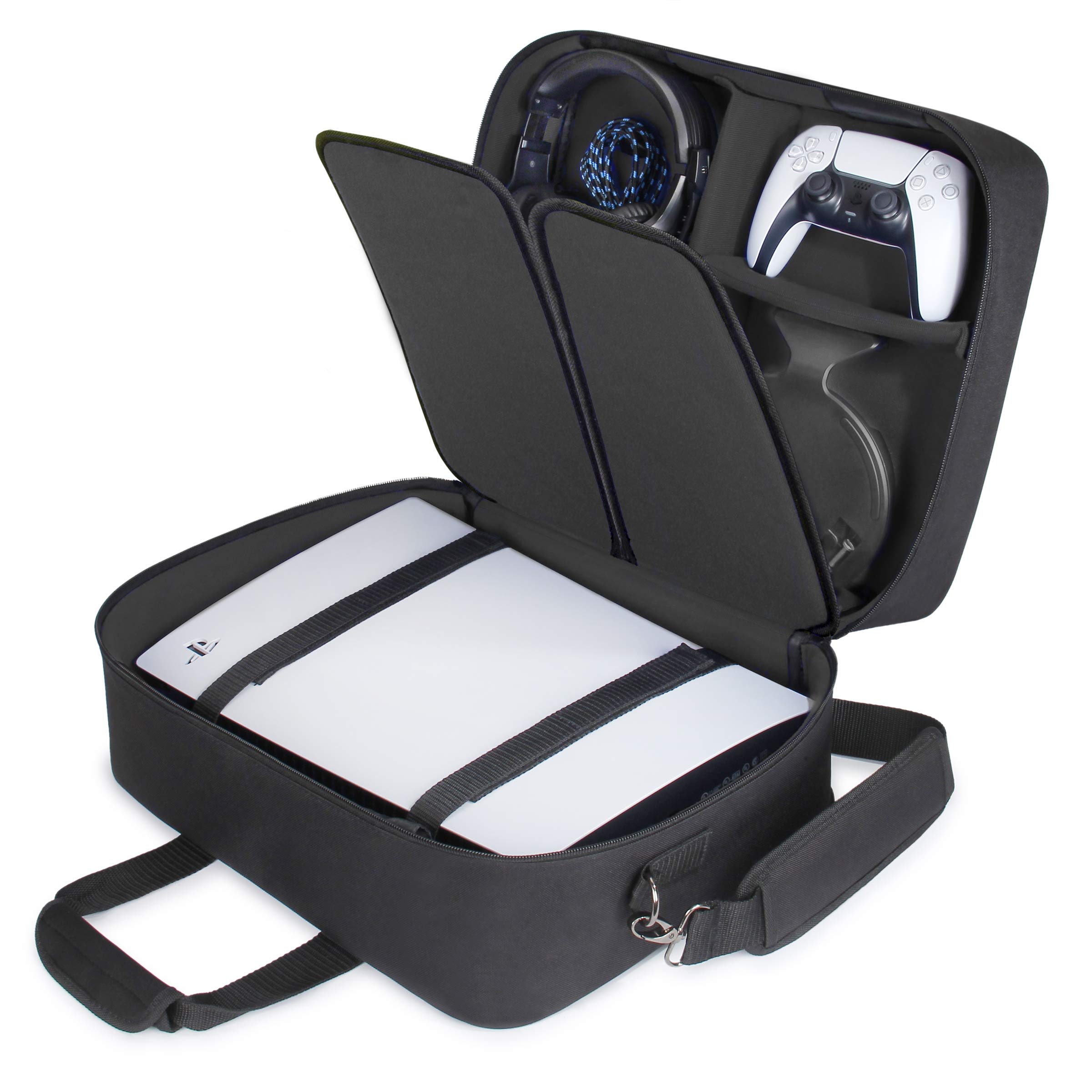 USA Gear PS5-Hülle - Konsolenhülle Kompatibel mit PlayStation 5 und PS5 Digital Edition mit anpassbarem Interieur für PlayStation Controller, PS5-Spiele, Gaming-Headset und Zubehör (Schwarz)