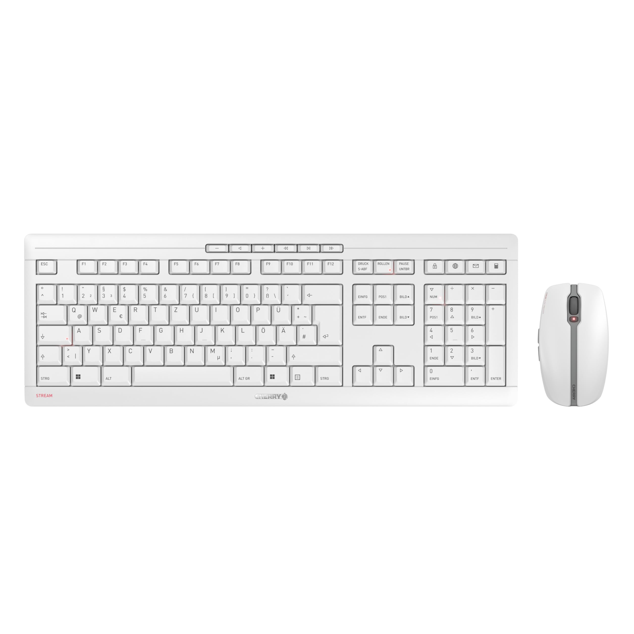 CHERRY Stream Desktop, Kabelloses Tastatur- und Maus-Set, Deutsches Layout (QWERTZ), 2,4 GHz Funk, Leiser Tastenanschlag, Batteriebetrieben, Weiß-Grau