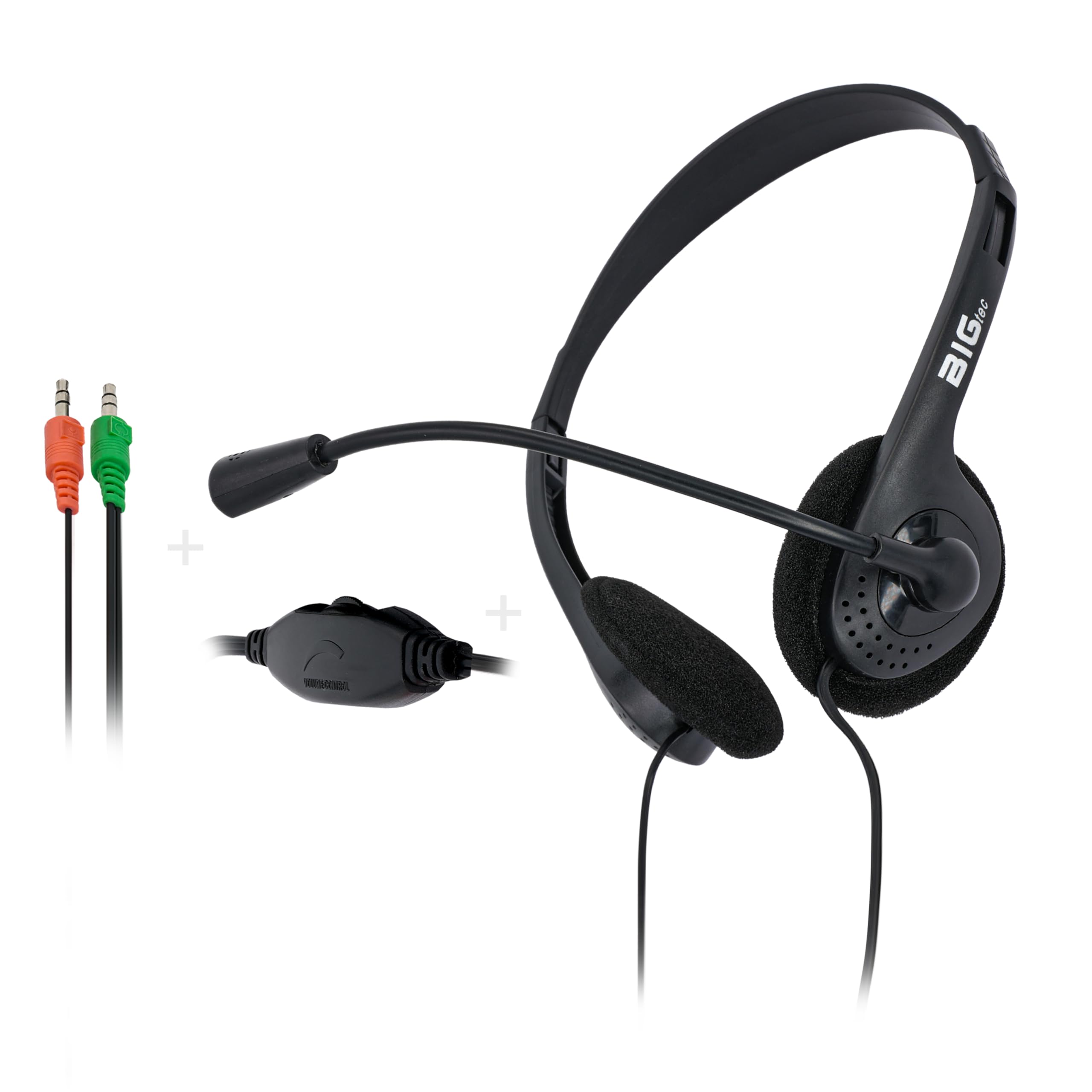 BIGtec Headset mit Mikrofon Stereo 2X Klinke 3,5mm Anschluß, leicht, verstellbar, Flexibler Mikro Arm, Lautstärkeregler 1,8m Kabel PC Computer Laptop Gaming Büro Home Office