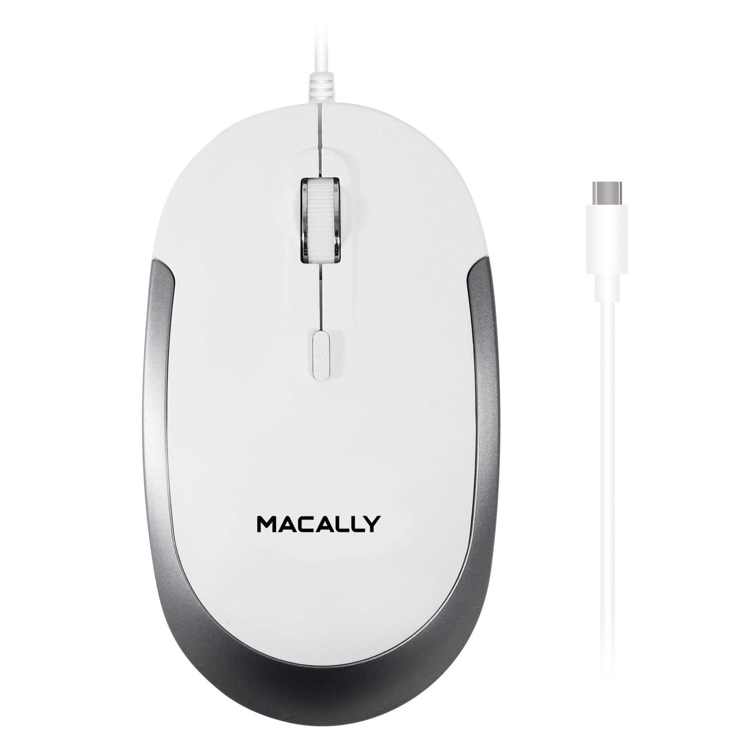 Macally Ucdynamouse-W, USB-C Silent Click Maus mit 3 Tasten und Scrollrad, optisch mit Kabel, weiß/Space Gray