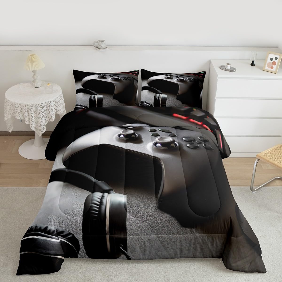 Feelyou Gaming-Bettwäsche-Set für Jungen, Game-Controller, Tröster für Kinder, Mädchen, Teenager, modernes Gamer-Headset, Tröster-Set, Jugendkonsole, Videospiel, Dekor, Bettwäsche-Set mit 1