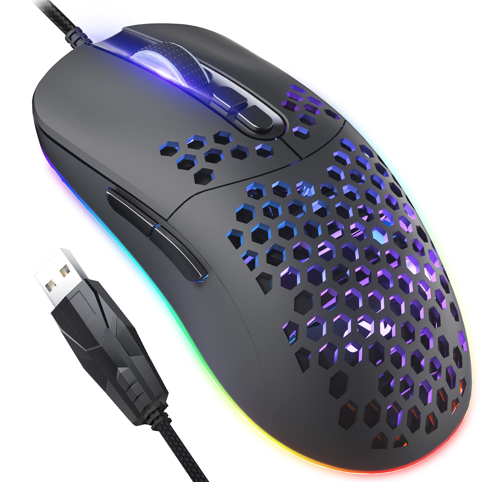 Gaming Maus mit Waben, 7200 DPI Einstellbarer Leichte USB Honeycomb Gaming Mäuse RGB, 7 Programmierbare Tasten Laptop Computer Ergonomische PC Gamer Gaming Mouse mit 1,67m Geflochtenen Kabel