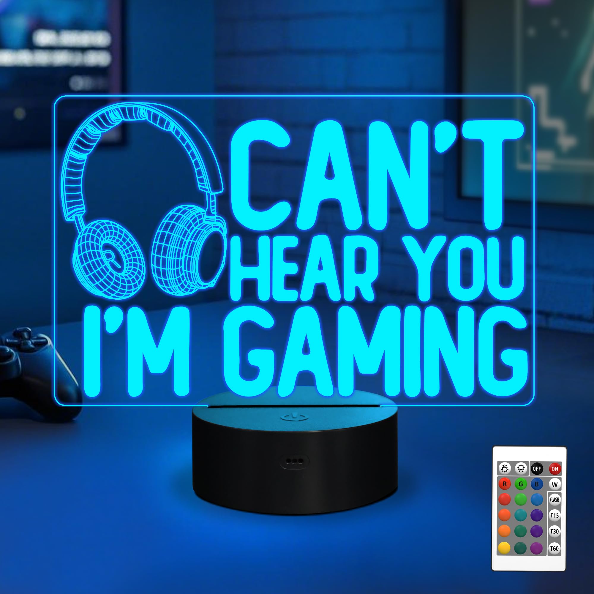 Can't Hear You I'm Gaming Nachtlicht, YuanDian Headset Grafik Videospiele Gamer Geschenk Lustige 3D-Illusionslampe 16 Farben mit wechselnder Berührung und Fernbedienung für Männer, Teenager und Kinder