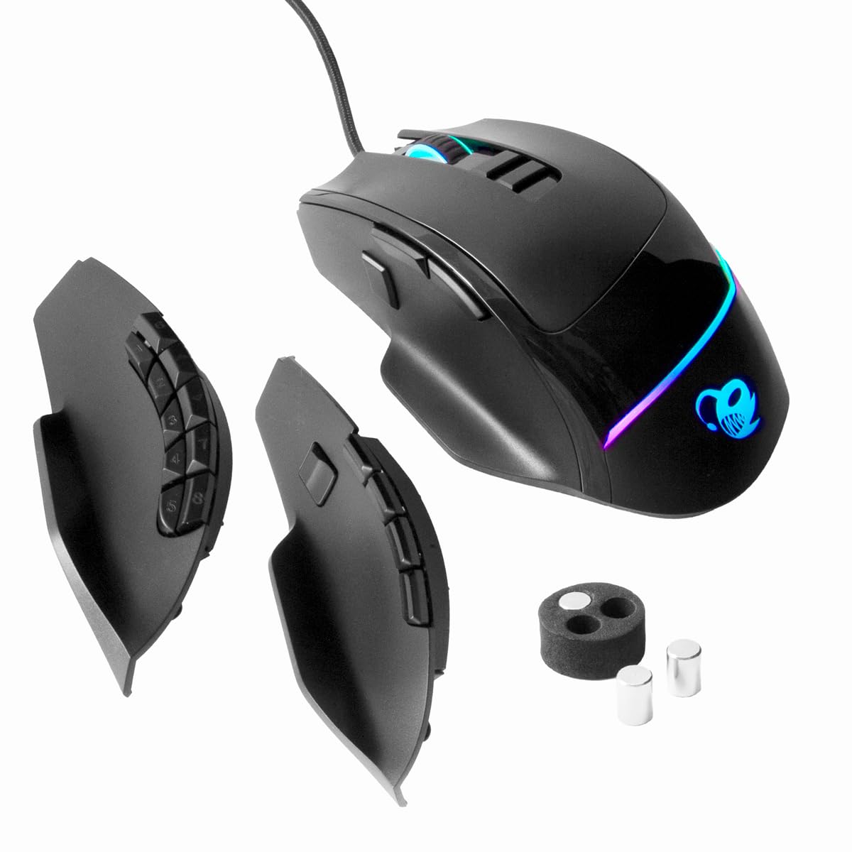 Deep Gaming ProSwap Modulare USB-Maus mit 3 austauschbaren Seitenteilen (3, 5 und 10 Tasten), RGB-Licht, optischer Sensor Pixart 3325, 500FPS, 100IPS, 1000 Hz, Euro-Schalter, dimmbares Gewicht