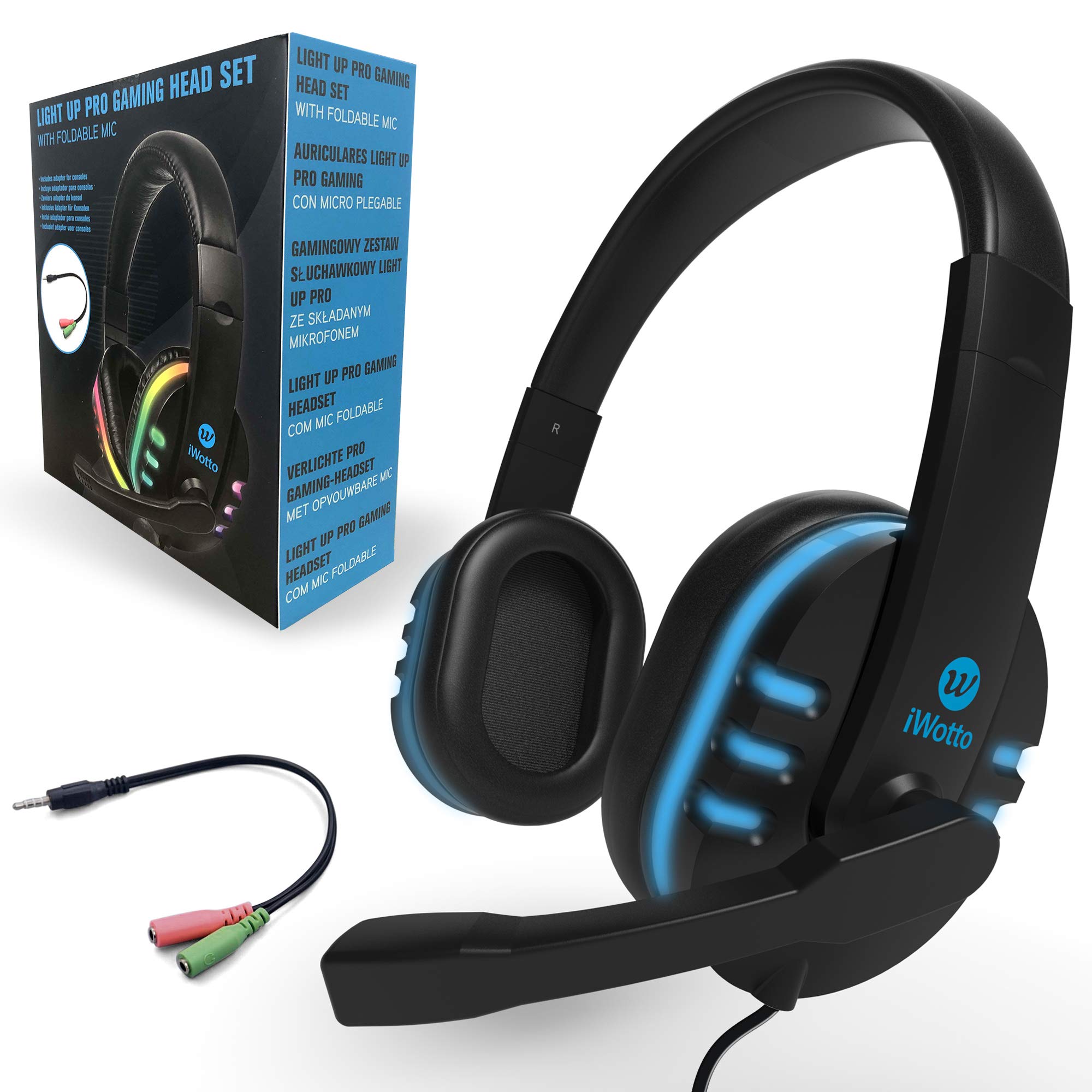 iWotto Gaming-Kopfhörer, Geräuschunterdrückung, Kopfhörer mit flexiblem Mikrofon, Bequeme RGB-Beleuchtung für PS4, Xbox One, PC, Tablet