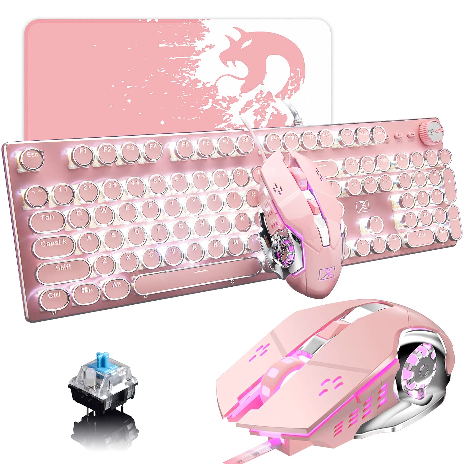 USB-Tastatur mit Kabel, mechanisch, blauer Schalter, Retro, Steampunk, Vintage, Schreibmaschinen-Stil, weiße LED-Hintergrundbeleuchtung, 104 Tasten, Anti-Ghosting + 2400 dpi, 6 Tasten, Gaming-Maus