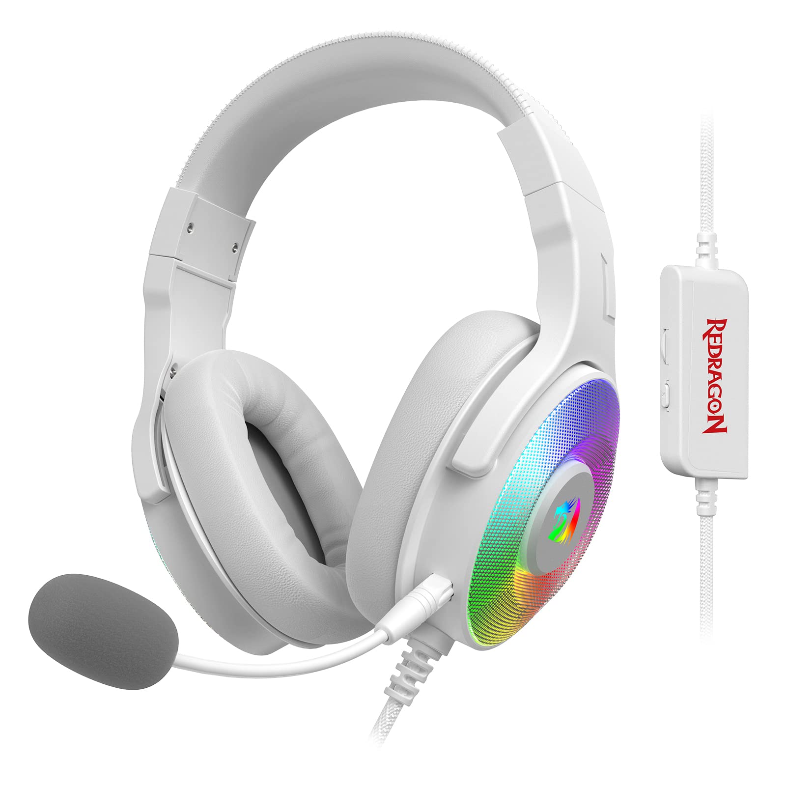 Redragon H350 RGB kabelgebundenes Gaming-Kopfhörer, dynamische RGB-Hintergrundbeleuchtung - Stereo-Surround-Sound - 50-mm-Treiber - abnehmbares Mikrofon, Over-Ear-Kopfhörer (Weiß)