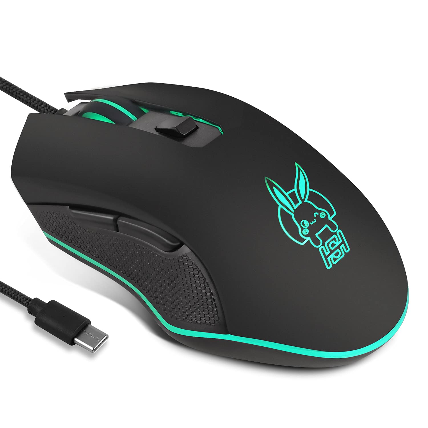 IULONEE Kabelgebundene Gaming-Maus USB C geräuscharmes Klicken 7 Farben Hintergrundbeleuchtung optische Typ-C Gaming-Maus mit 2400 DPI und 6 Tasten für PC Computer Laptop Desktop Mac Schwarz